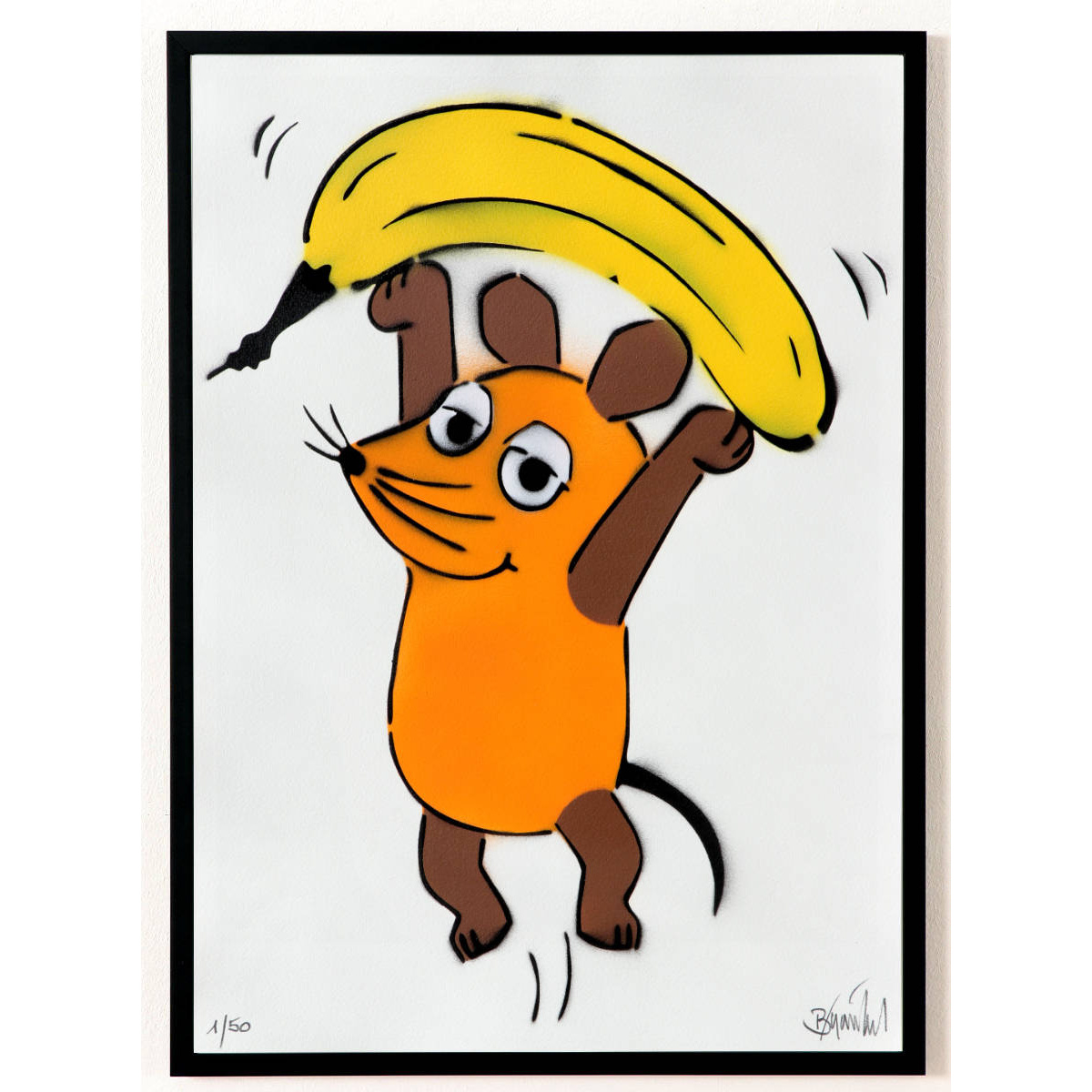 Mausbanane auf Büttenpapier von Thomas Baumgärtel in schwarzer Rahmung