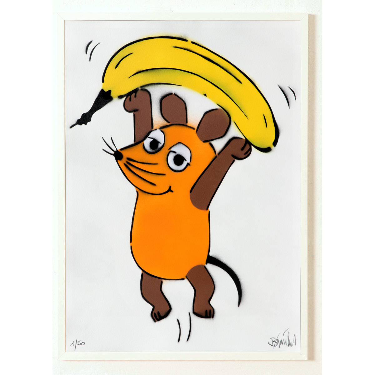 Mausbanane auf Büttenpapier von Thomas Baumgärtel in weisser Rahmung
