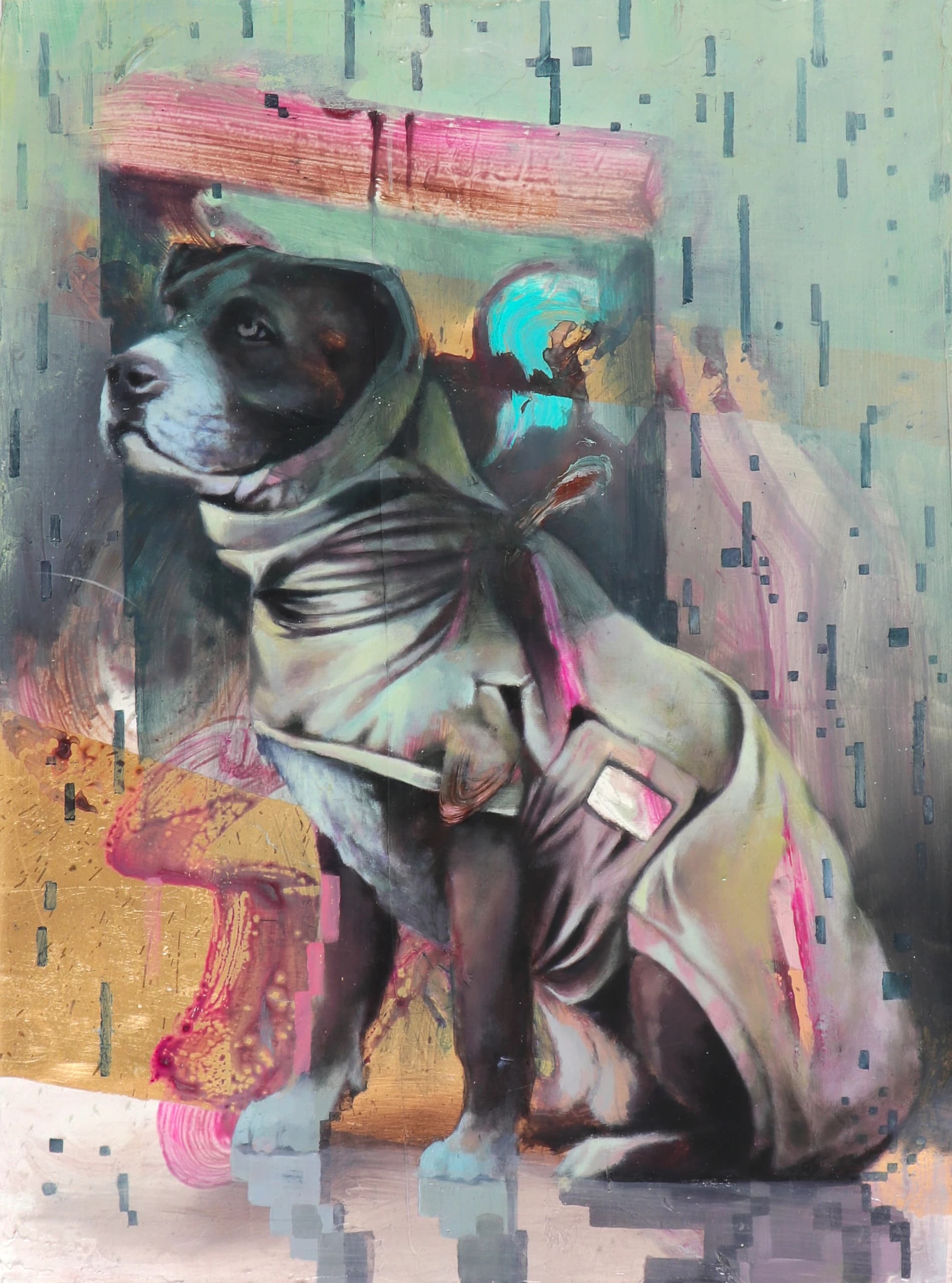 Ein schwarz-weißer Hund sitzt vor einem abstrakten Hintergrund mit rosa, türkisfarbenen und gelben Flächen.