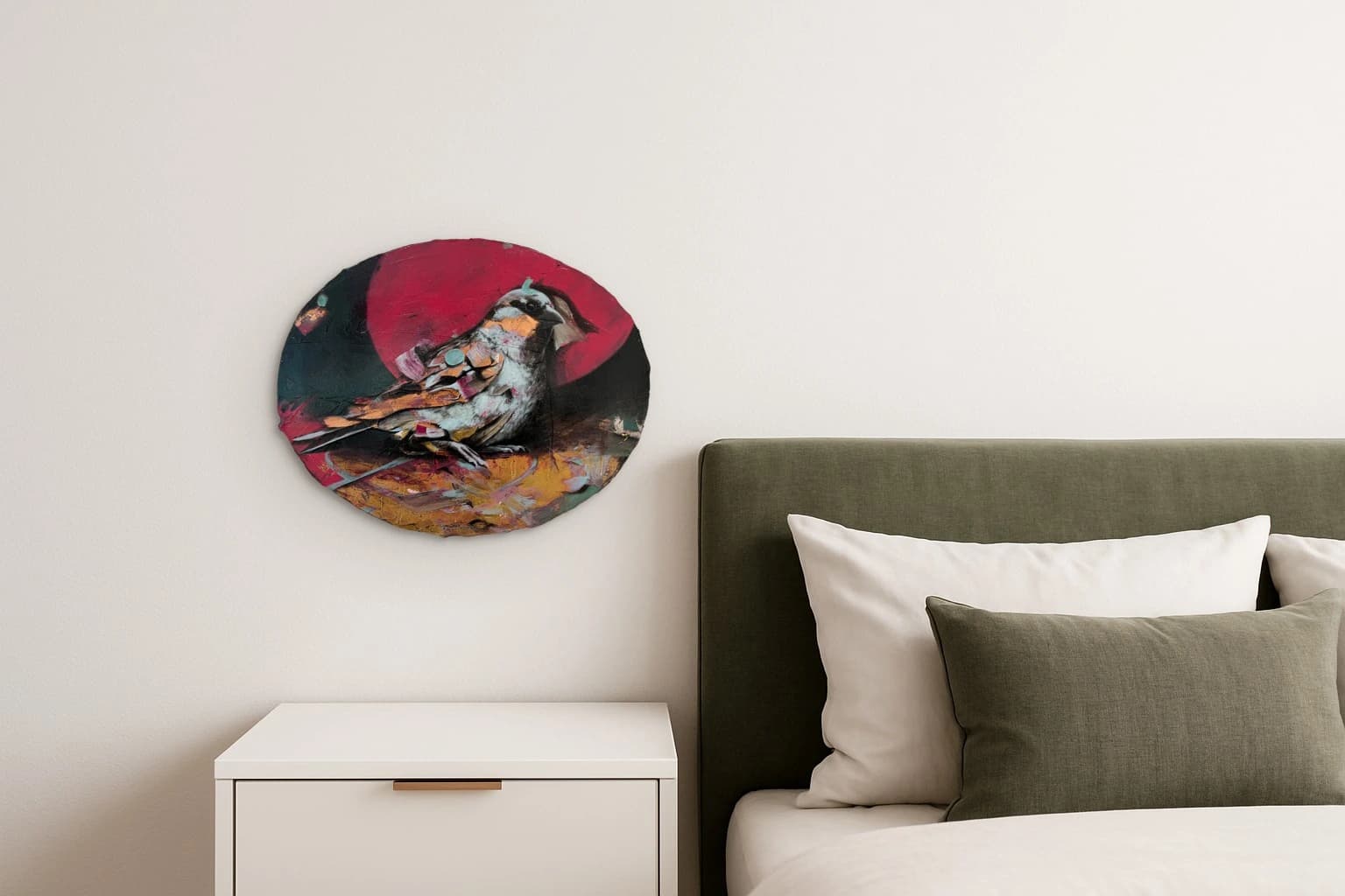 Ein grauer Vogel sitzt auf farbigen Ästen vor rotem und schwarzem Hintergrund, als Kunstwerk an der Wand eines Schlafzimmers.
