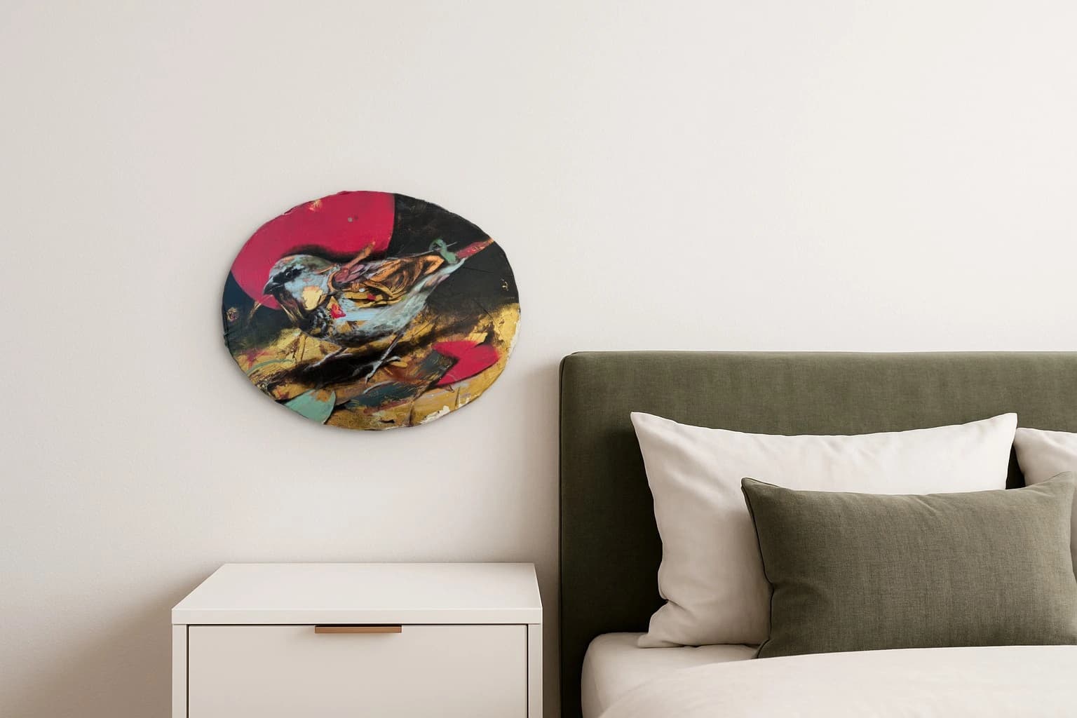 Ein Spatz mit ausgebreiteten Flügeln vor roten, schwarzen, goldenen und türkisen Farbflächen, als Kunstwerk an der Wand eines Schlafzimmers.