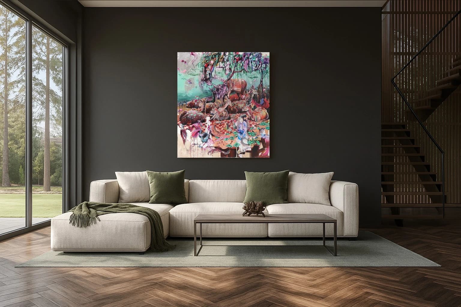 Mehrere Hirsche und Rehe zwischen bunten Blumen, Tischdecken und Geschirr vor farbigem Hintergrund, als Kunstwerk an der Wand eines Wohnzimmers.