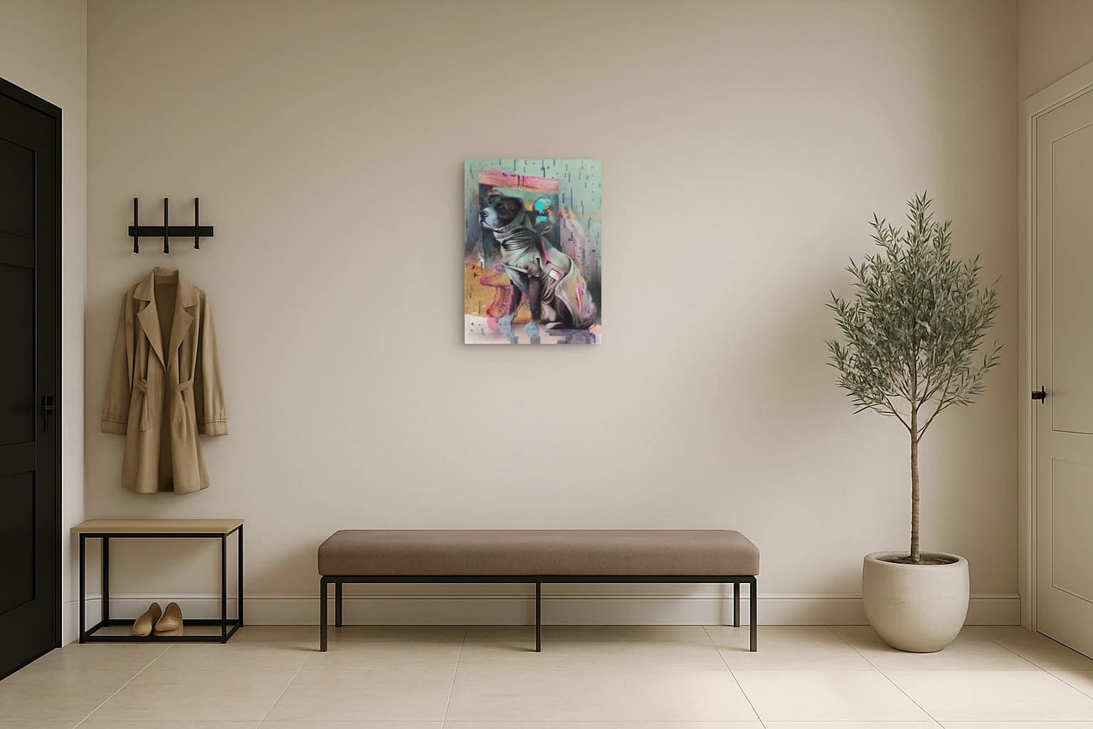 Ein schwarz-weißer Hund vor abstrakten rosa, türkisfarbenen und gelben Flächen, als Kunstwerk an der Wand eines hellen Flurs.