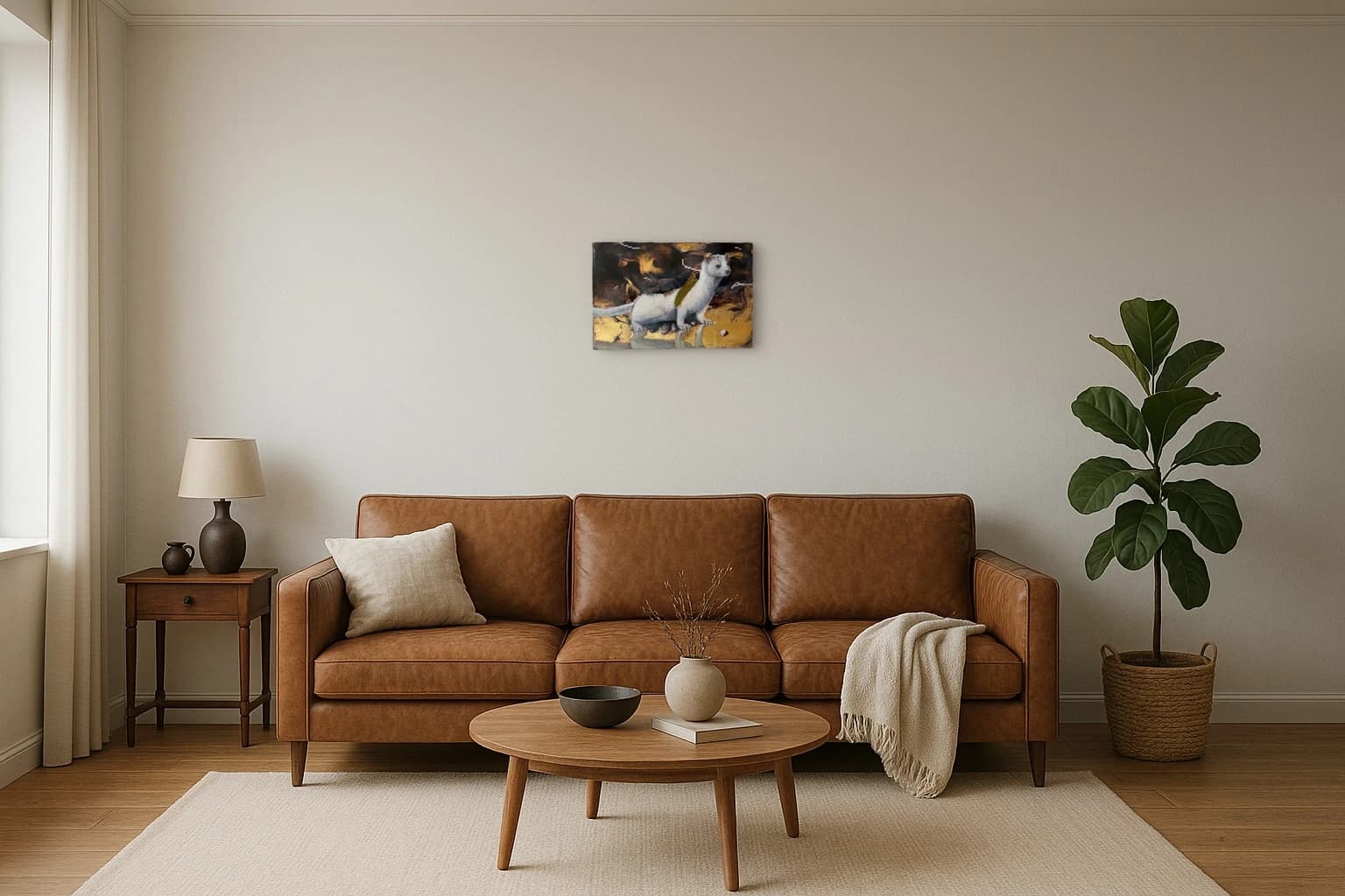 Weiße Katze mit grünem Streifen auf dem Rücken vor dunklem Hintergrund und goldenen Farbflächen, als Kunstwerk an der Wand eines Wohnzimmers.