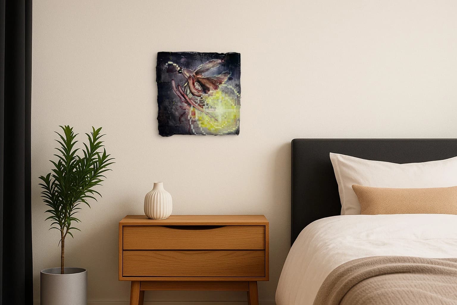 Ein Käfer mit ausgebreiteten Flügeln über gelbgrünen Pixel­flächen auf dunklem Hintergrund, als Kunstwerk an der Wand eines Schlafzimmers.