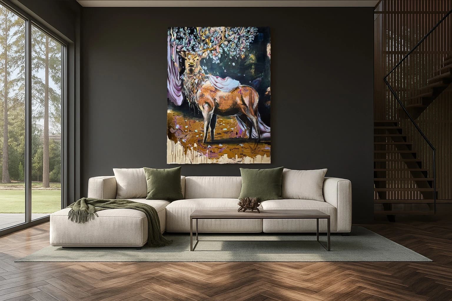 Ein Hirsch mit Geweih und hellem Tuch unter blühenden Zweigen auf farbigem Boden, als Kunstwerk an der Wand eines Wohnzimmers.