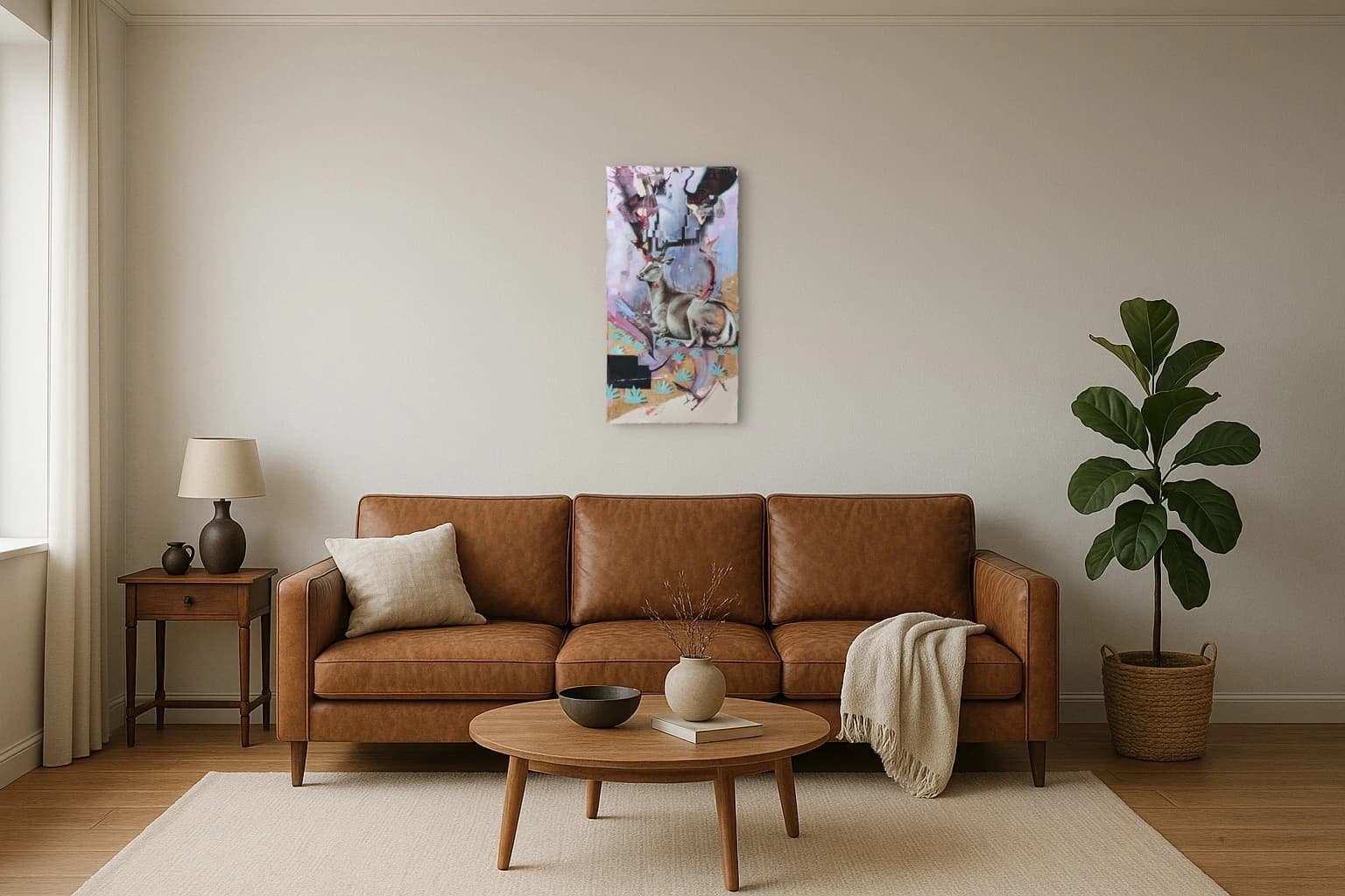 Ein sitzender Hirsch mit Geweih vor pastellfarbenen Flächen, Blüten und schwarzen Blöcken, als Kunstwerk an der Wand eines Wohnzimmers.