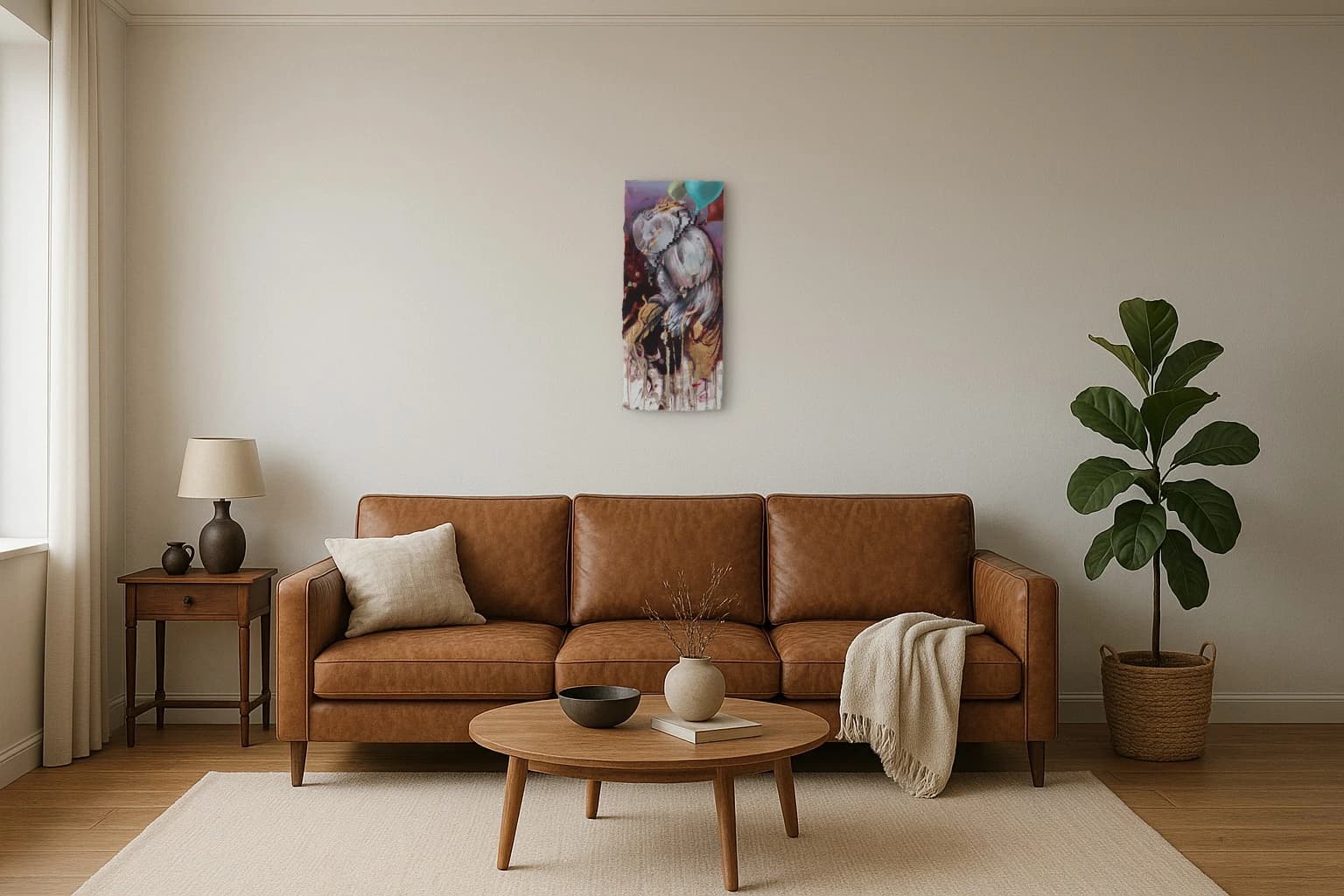 Abstrakte Figur mit grauem Kopf und buntem Gefieder vor dunklem Hintergrund, als Kunstwerk an der Wand eines Wohnzimmers.