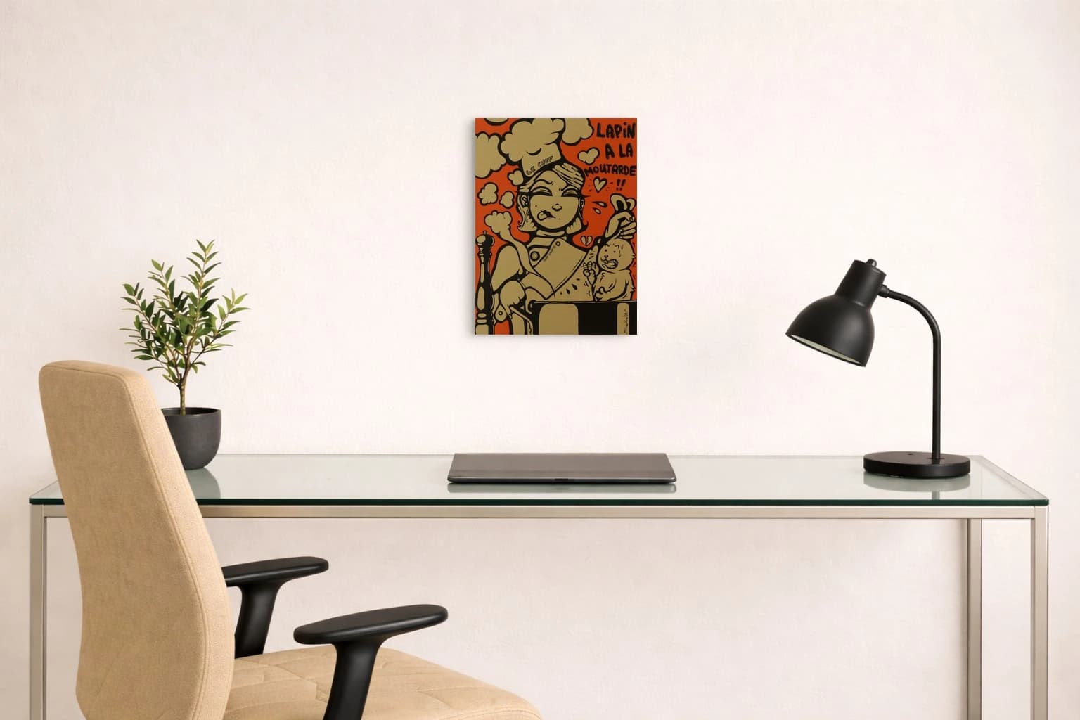 Eine gezeichnete Frau mit Kochmütze und Messer sitzt neben einem Hasen vor orangem Hintergrund mit Text, als Kunstwerk an der Wand eines hellen Büros.