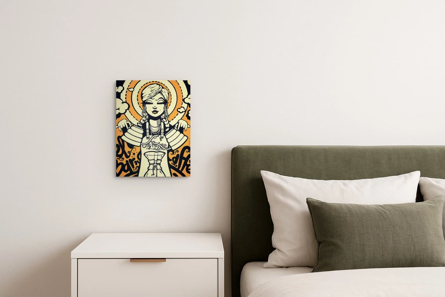 Illustration einer Frau mit Zöpfen, großem Kragen und Schriftzug vor orange-schwarzem Hintergrund mit Wolken und Kreisen, als Kunstwerk an der Wand eines Schlafzimmers.