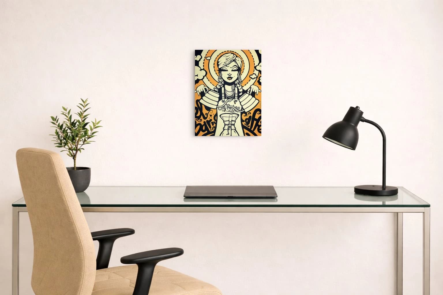 Illustration einer Frau mit Zöpfen und großem Kragen vor orange schwarzem Hintergrund mit Wolken und Kreisen, als Kunstwerk an der Wand eines hellen Büros.
