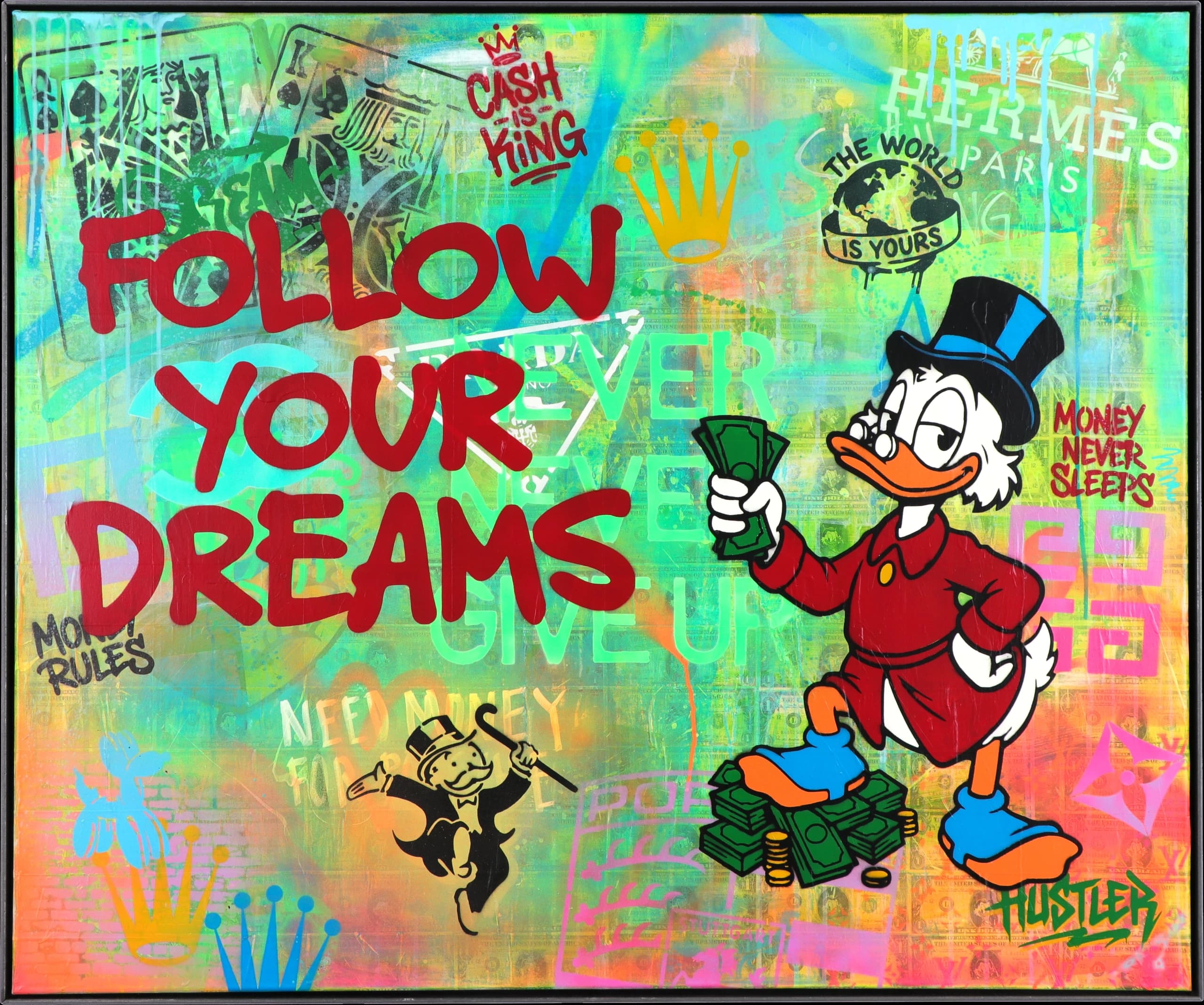 Donald Duck mit Geldbündeln steht vor dem Schriftzug Follow Your Dreams auf buntem Hintergrund.