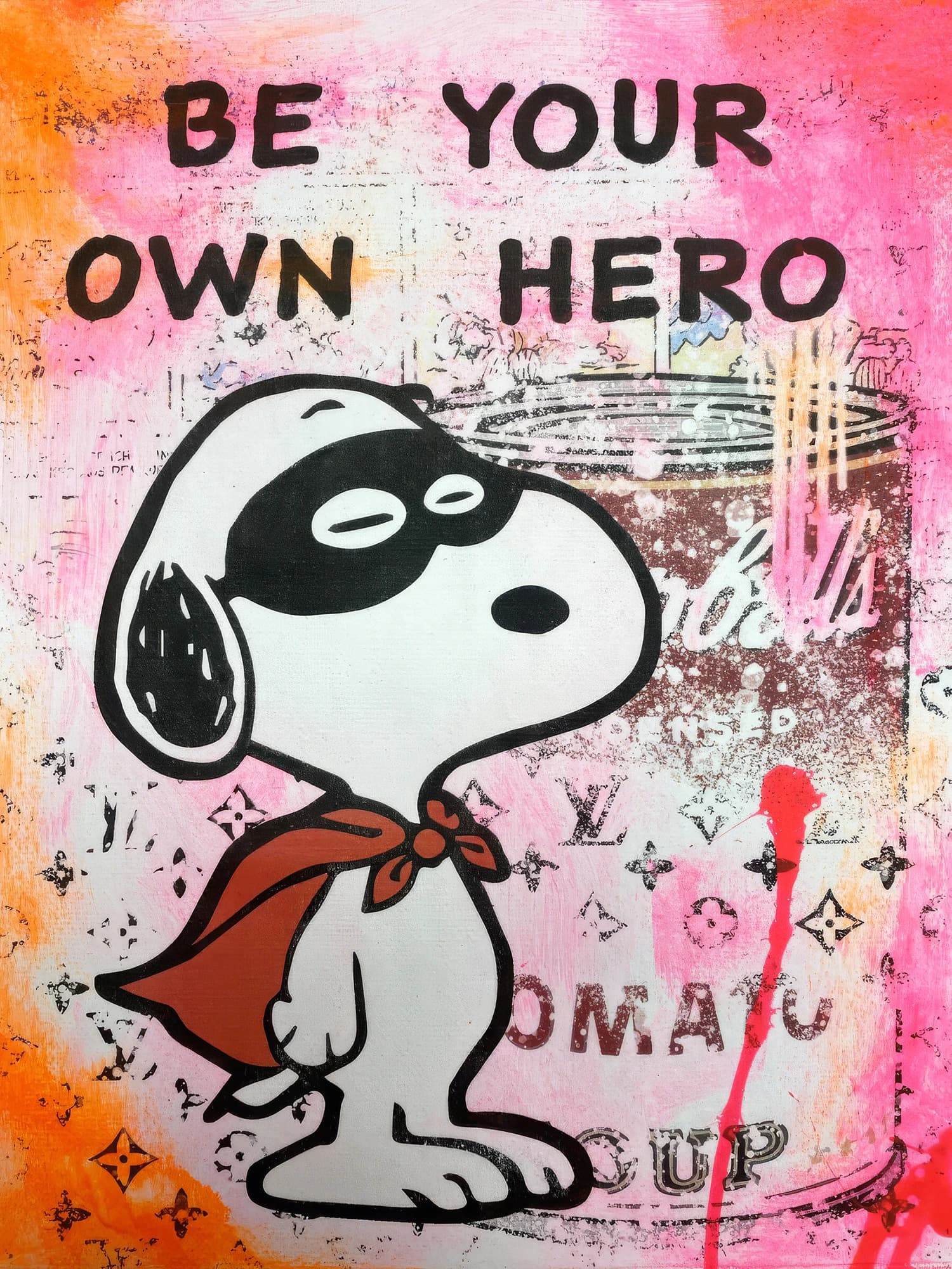 Snoopy mit rotem Halstuch vor pinkem Hintergrund und dem Schriftzug BE YOUR OWN HERO.