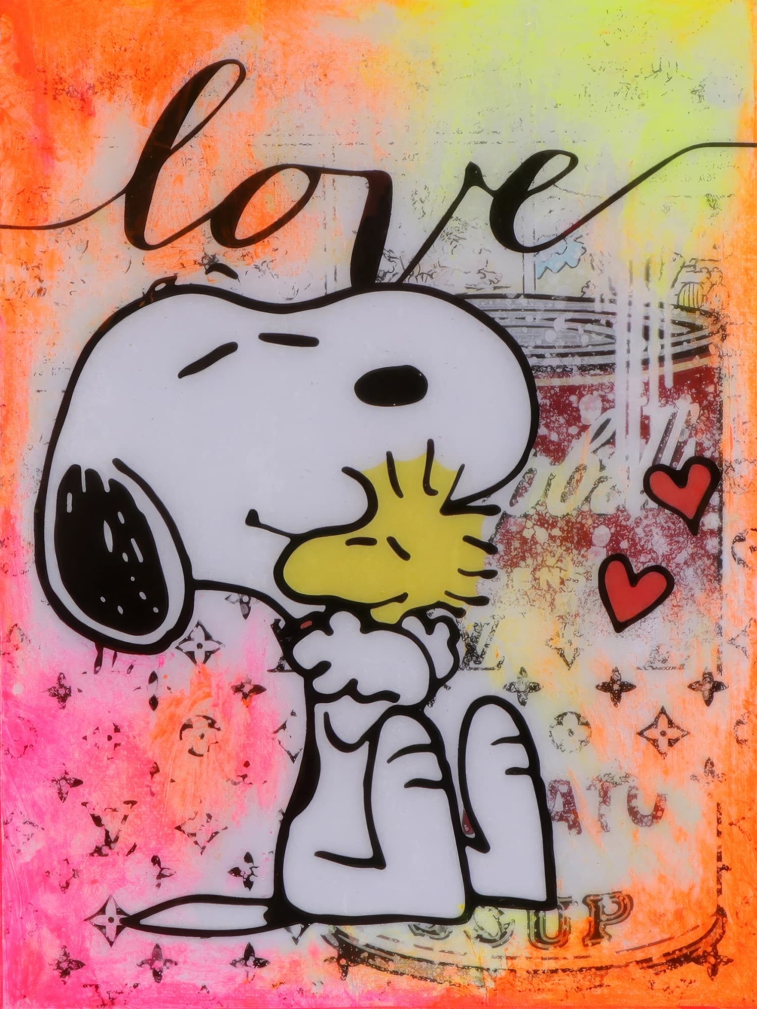 Snoopy küsst einen gelben Vogel vor einem bunten Hintergrund mit dem Schriftzug love und zwei roten Herzen.