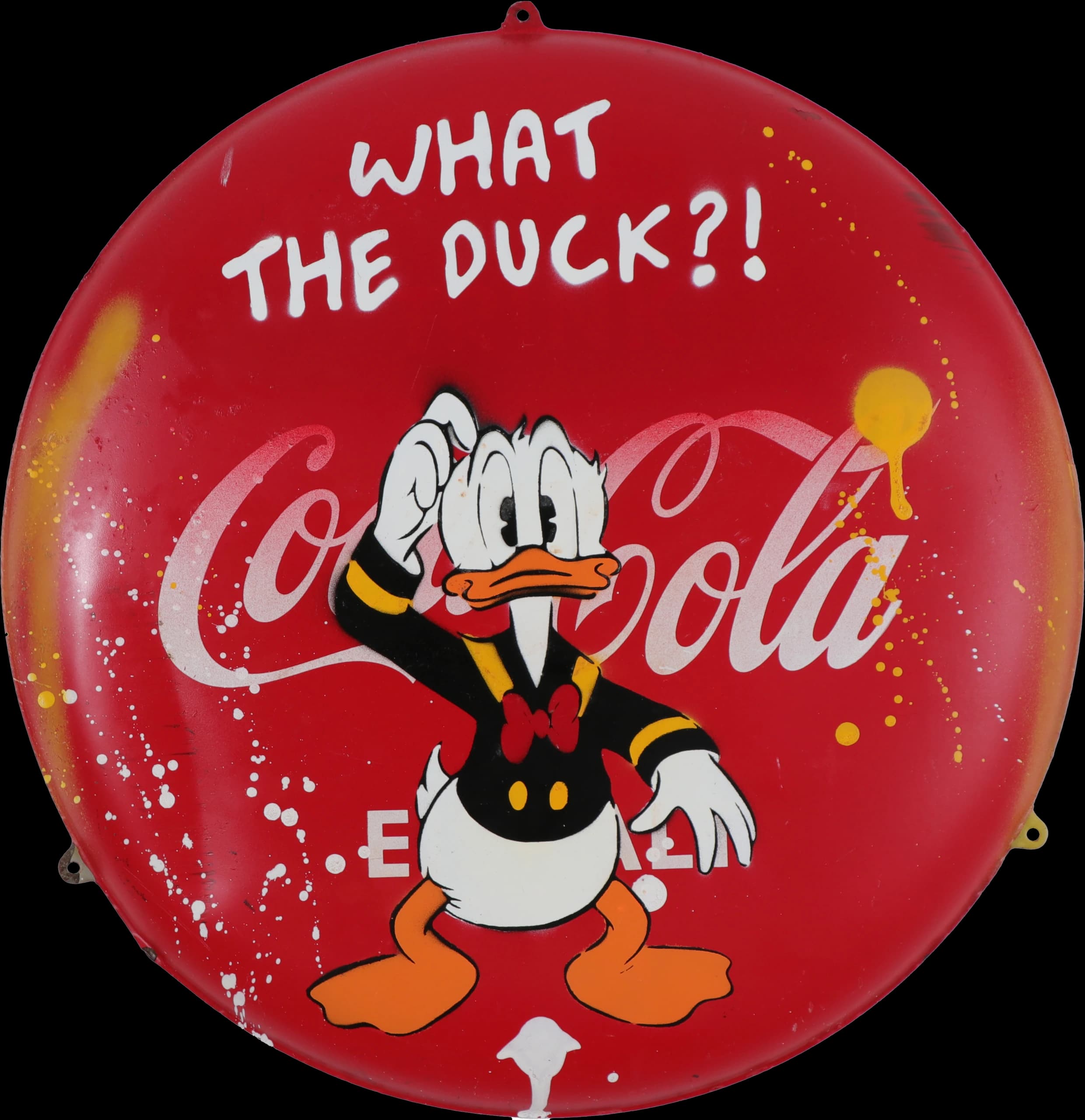 Rotes rundes Coca-Cola-Schild mit Donald Duck und dem Text „WHAT THE DUCK?!".