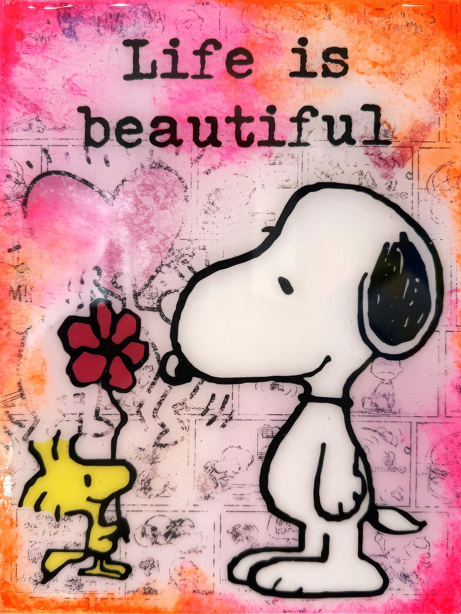Snoopy steht neben Woodstock mit roter Blume; oben steht Life is beautiful auf rosa-orangefarbenem Hintergrund.