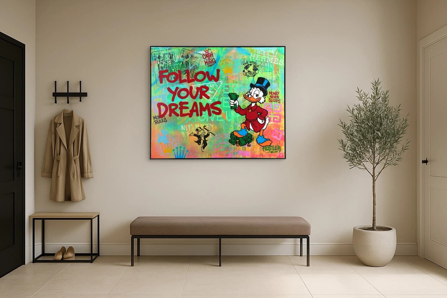 Donald Duck mit Geldbündeln vor dem Schriftzug Follow Your Dreams auf buntem Hintergrund, als Kunstwerk an der Wand eines hellen Raums.