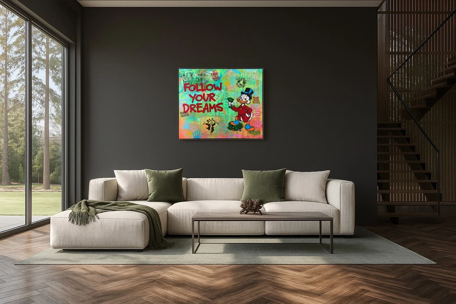 Donald Duck mit Geldbündeln vor dem Schriftzug Follow Your Dreams auf buntem Hintergrund, als Kunstwerk an der Wand eines hellen Wohnzimmers.