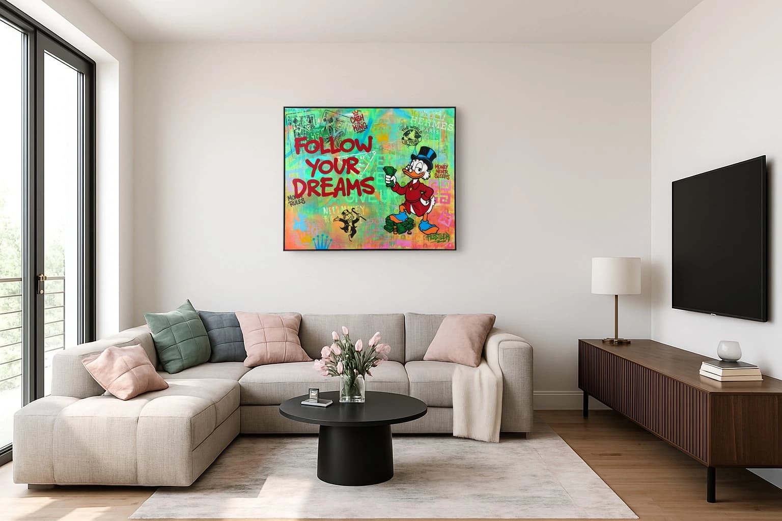 Donald Duck mit Geldbündeln vor dem Schriftzug Follow Your Dreams auf buntem Hintergrund, als Kunstwerk an der Wand eines hellen Wohnzimmers.