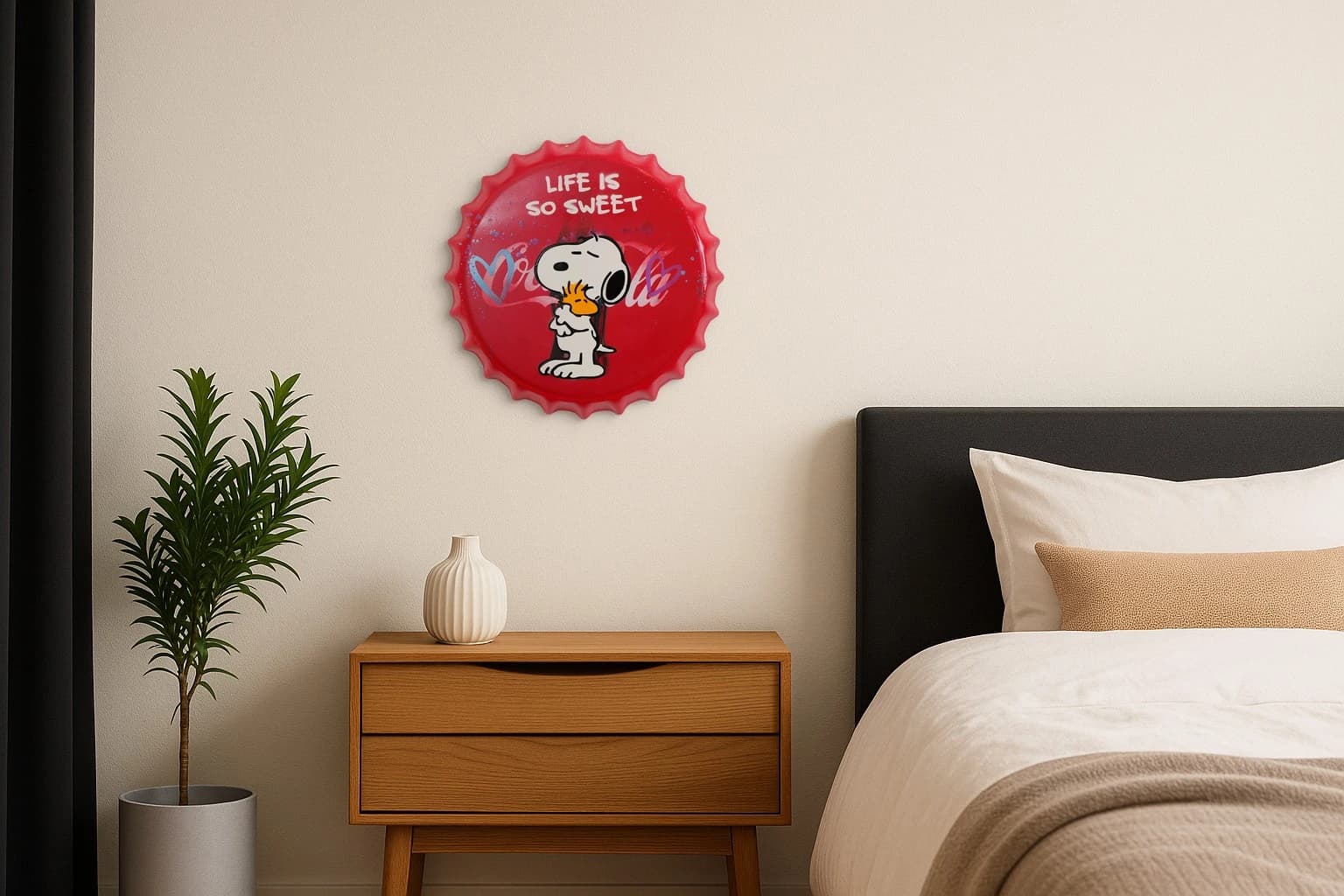 Roter Flaschenverschluss mit Snoopy, Woodstock und „Life is so sweet“, als Kunstwerk an der Wand eines Schlafzimmers.