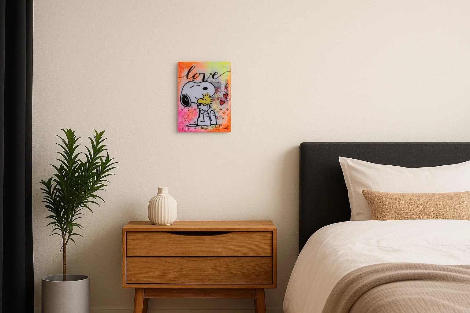 Snoopy küsst einen gelben Vogel vor buntem Hintergrund mit love und zwei roten Herzen, als Kunstwerk an der Wand eines Schlafzimmers.
