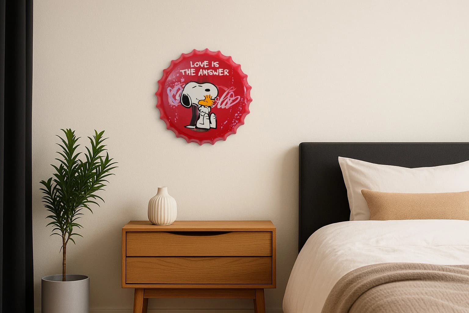 Roter Flaschendeckel mit Snoopy und dem Schriftzug „Love is the answer“ auf schwarzem Hintergrund, als Kunstwerk an der Wand eines Schlafzimmers.
