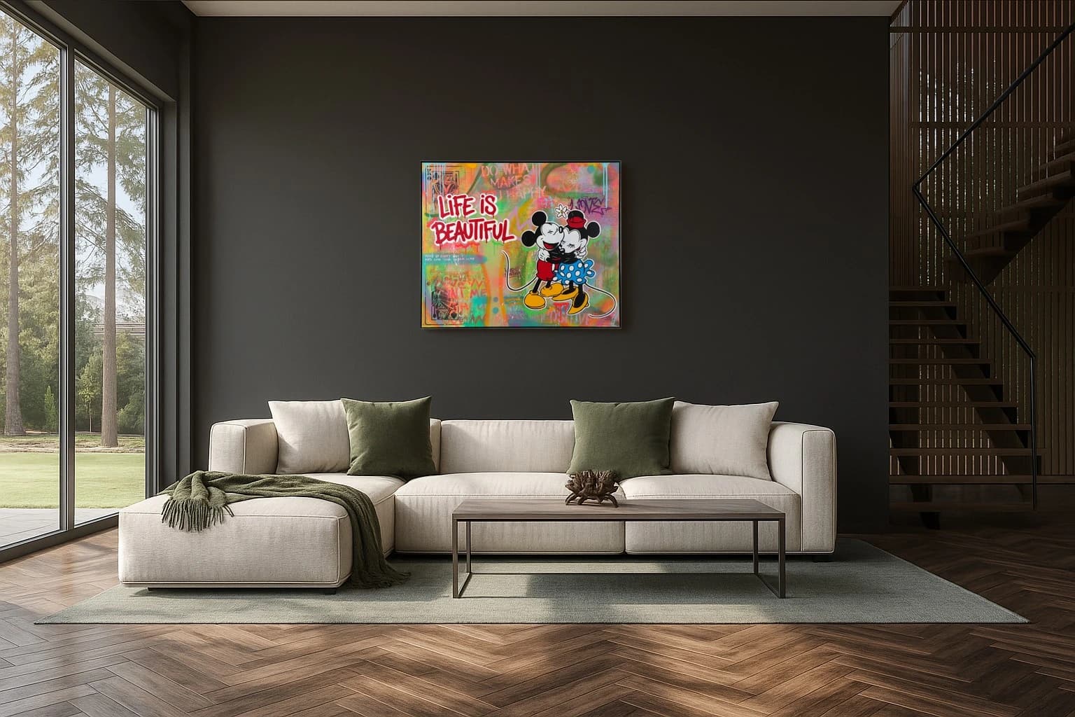 Mickey und Minnie umarmen sich vor buntem Graffiti mit „Life is Beautiful“, als Kunstwerk an der Wand eines Wohnzimmers.