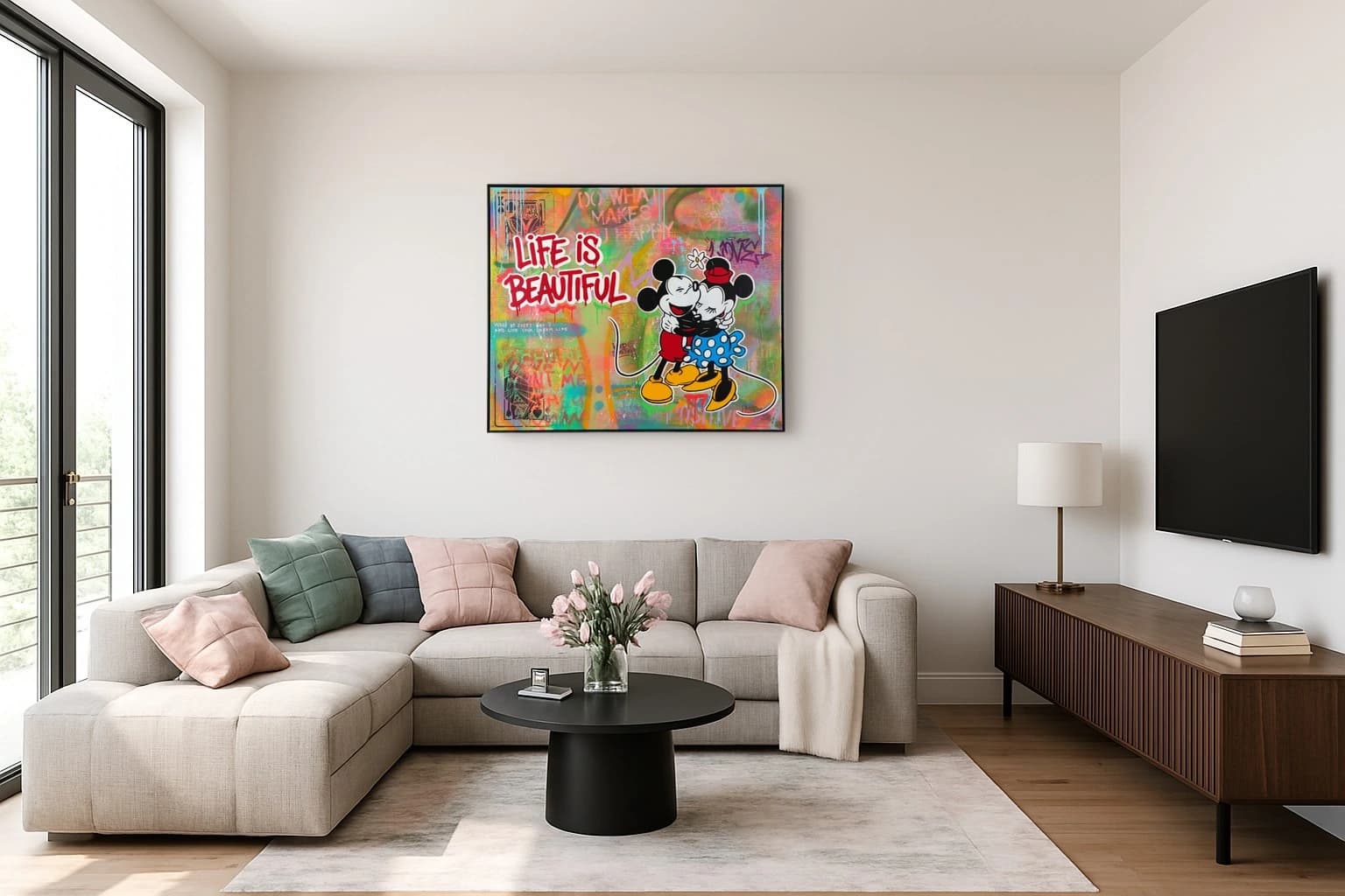 Mickey und Minnie umarmen sich vor buntem Graffiti, als Kunstwerk an der Wand eines hellen Wohnzimmers.