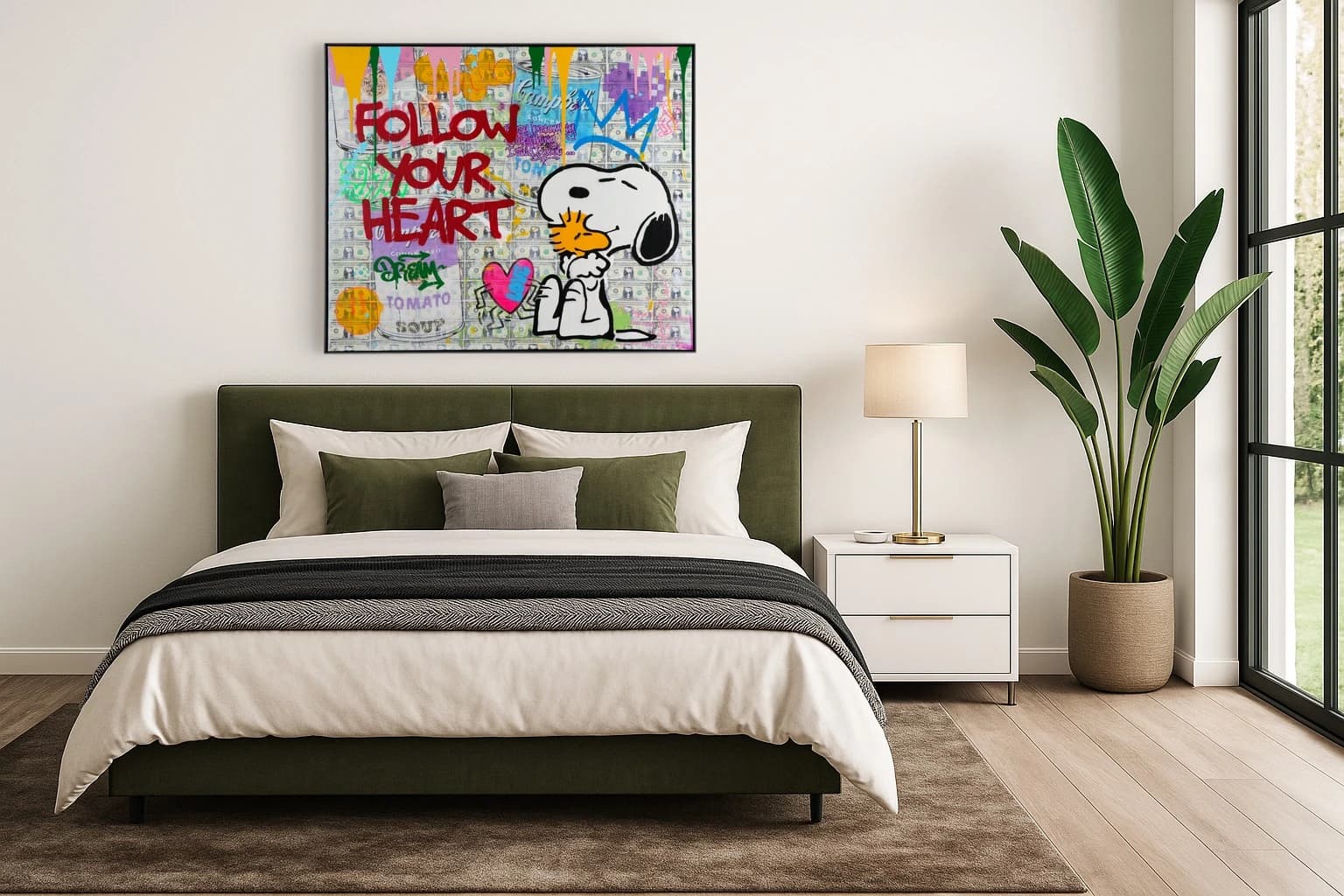 Snoopy sitzt neben Follow Your Heart über Dollarscheinen mit Graffiti und Herz, als Kunstwerk an der Wand eines Schlafzimmers.