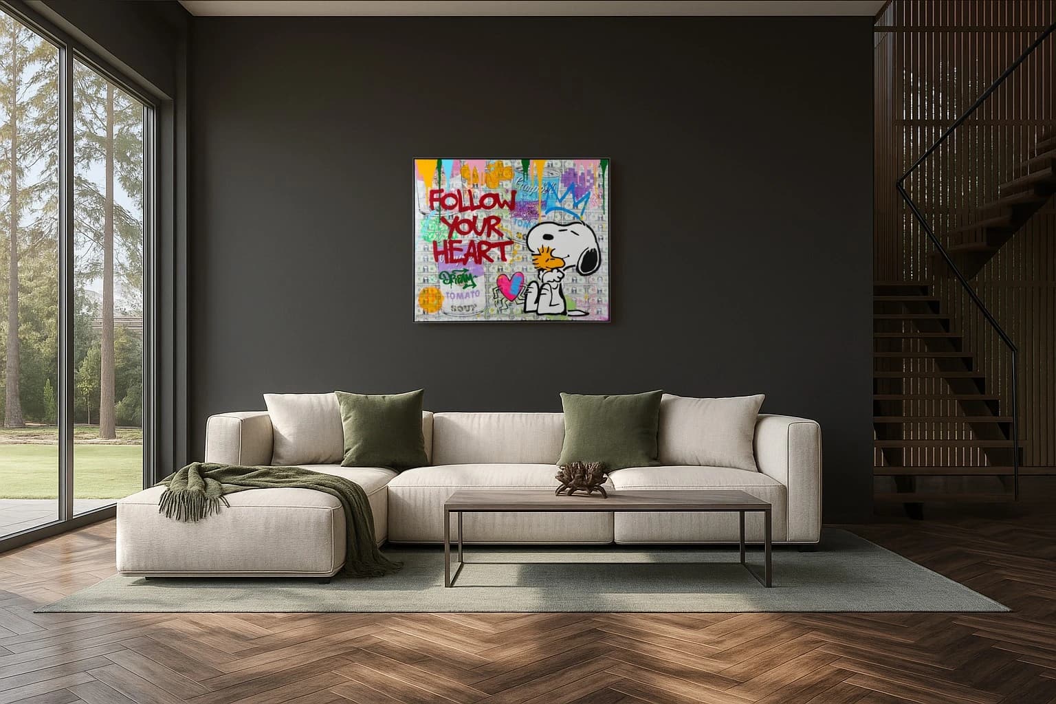 Snoopy sitzt rechts, links steht Follow Your Heart über Dollarscheinen mit Graffiti und Herz, als Kunstwerk an der Wand eines Wohnzimmers.