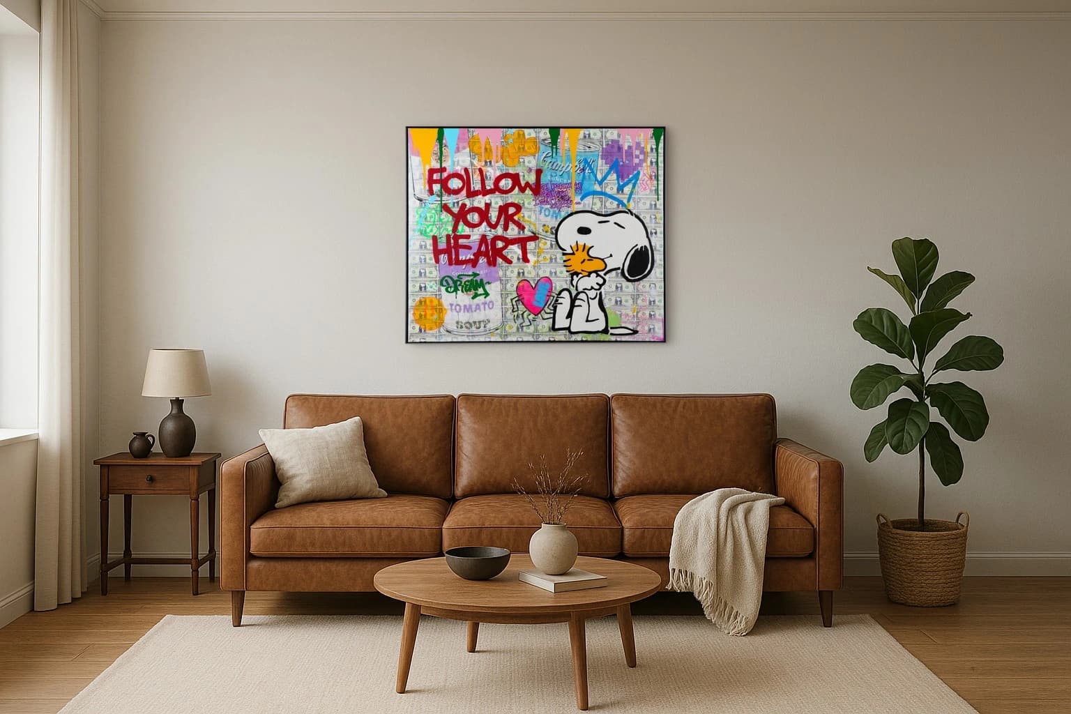 Snoopy sitzt rechts, links steht Follow Your Heart über Dollarscheinen mit Herz und Graffiti, als Kunstwerk an der Wand eines Wohnzimmers.