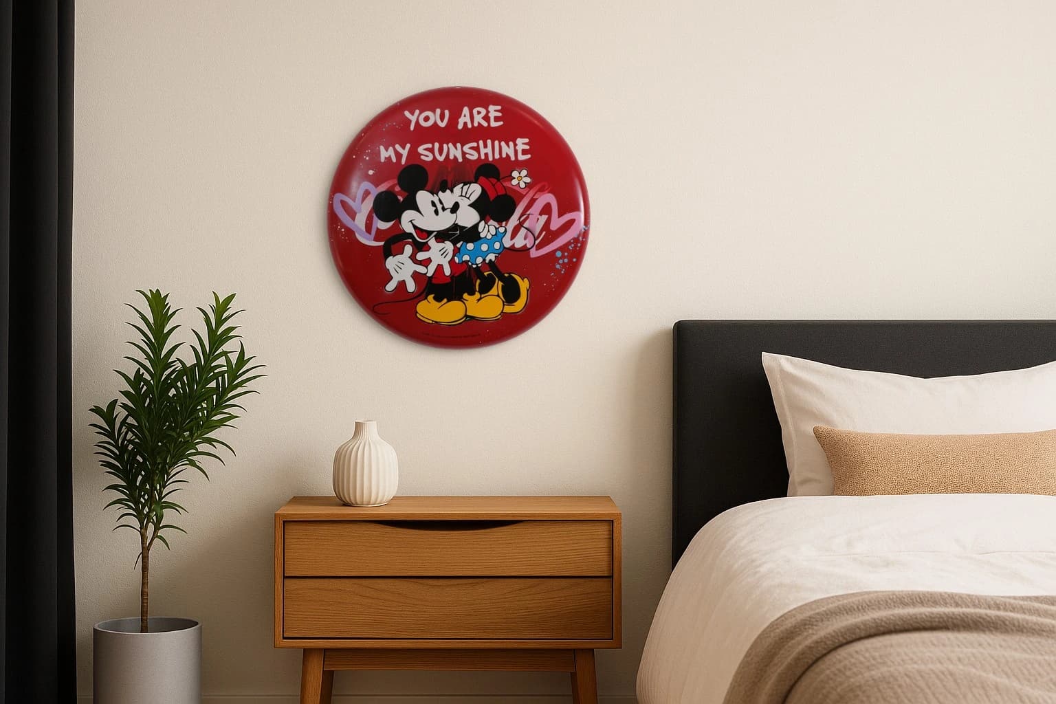 Mickey und Minnie vor rotem Hintergrund mit weißem Schriftzug und Herzformen, als Kunstwerk an der Wand eines Schlafzimmers.