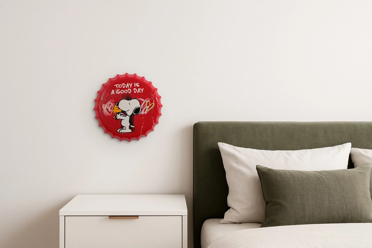 Snoopy umarmt Woodstock auf rotem Kronkorken mit weißem Text und Herzen, als Kunstwerk an der Wand eines Schlafzimmers.