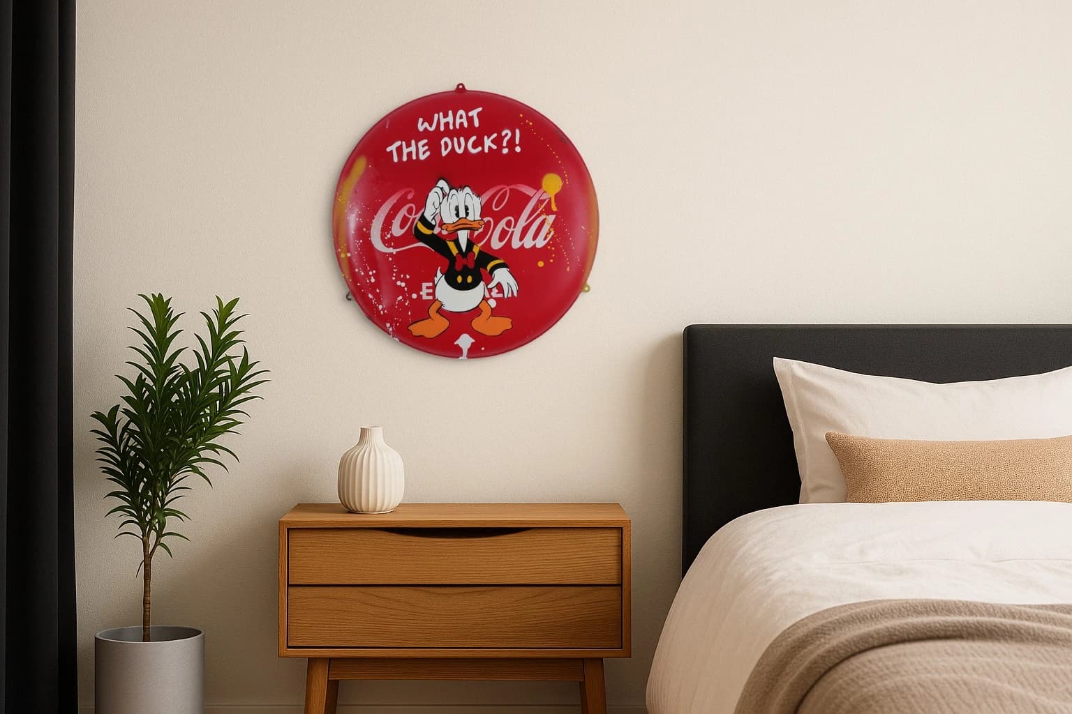 Rotes rundes Coca-Cola-Schild mit Donald Duck und dem Text „WHAT THE DUCK?!", als Kunstwerk an der Wand eines Schlafzimmers.