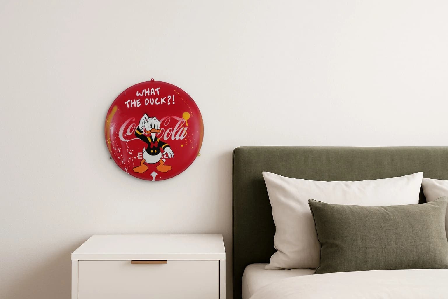Rotes Coca-Cola-Schild mit Donald Duck und dem Text „WHAT THE DUCK?!“, als Kunstwerk an der Wand eines hellen Schlafzimmers.