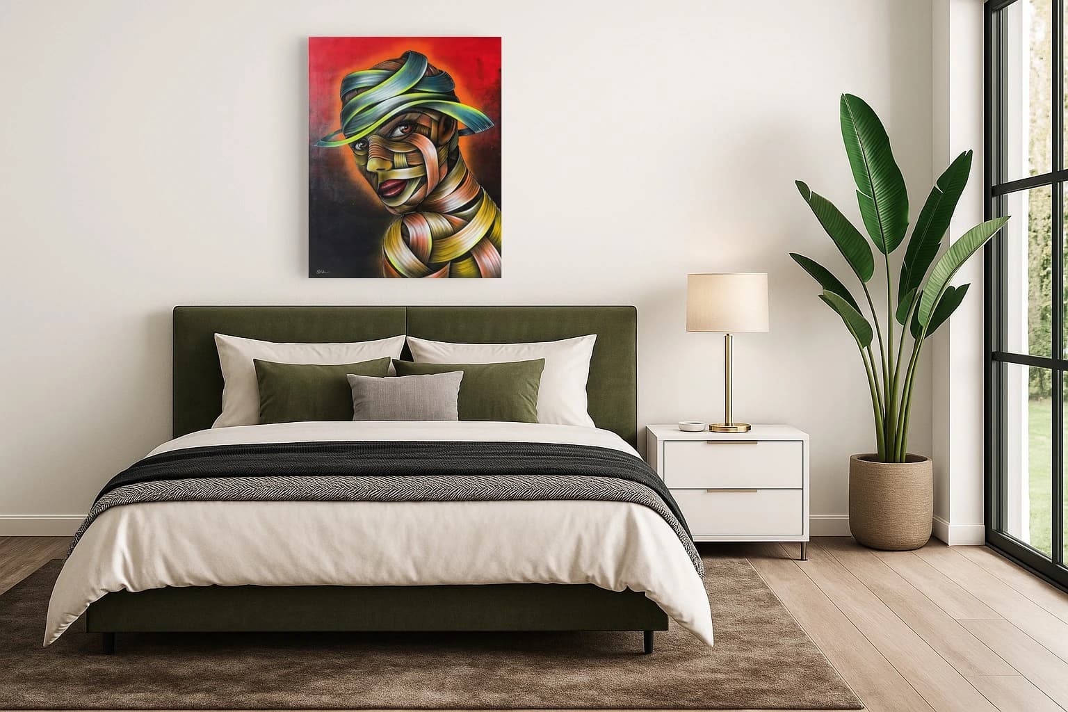 Porträt eines Gesichts aus bunten, bandartigen Streifen vor rotem Hintergrund, als Kunstwerk an der Wand eines Schlafzimmers.