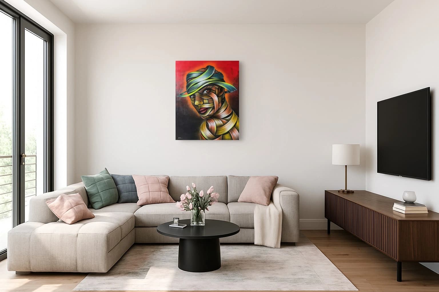 Porträt eines Gesichts aus bunten Streifen vor rotem Hintergrund, als Kunstwerk an der Wand eines hellen Wohnzimmers.