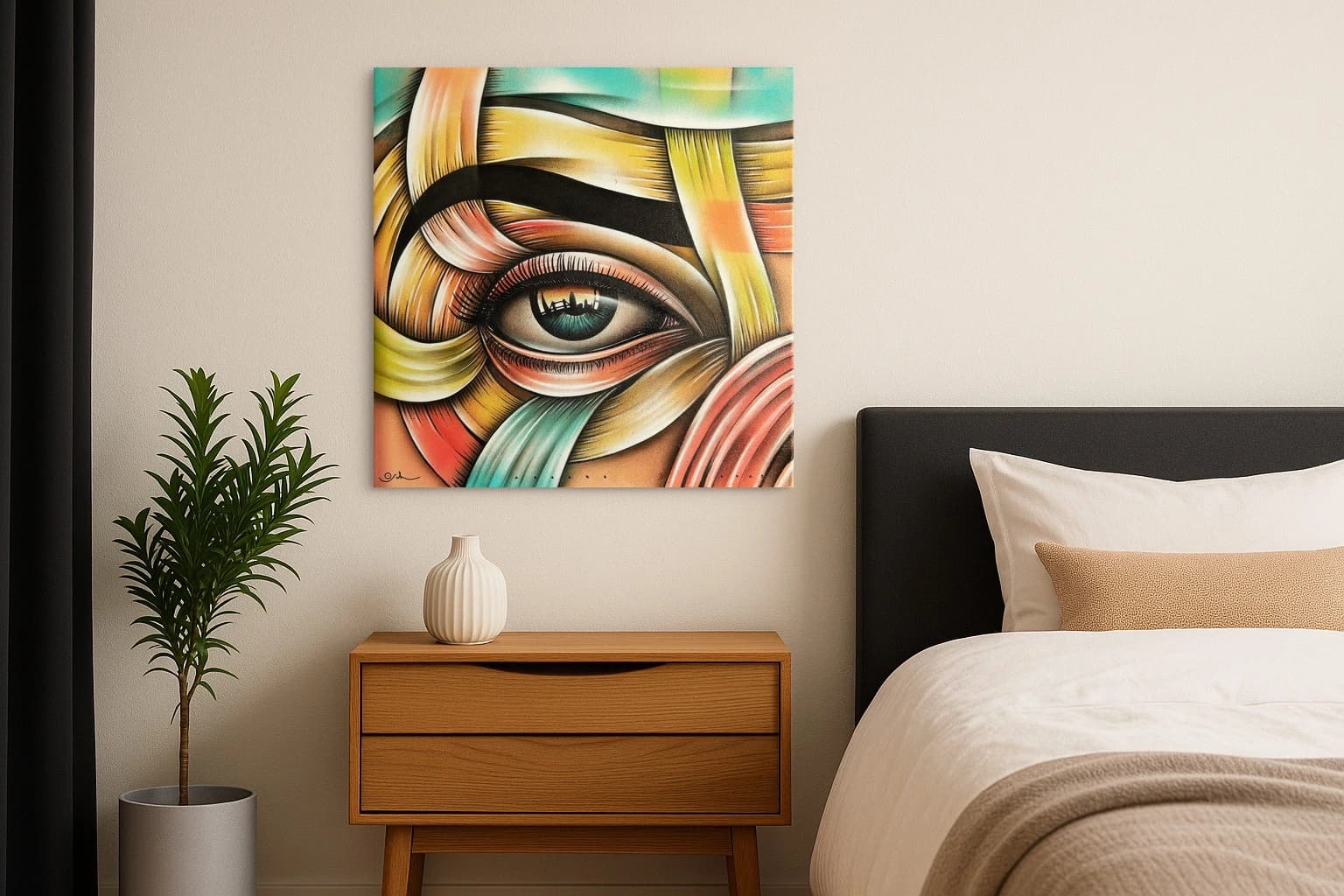 Ein Auge mit dunklem Rand, umgeben von Bändern in Gelb, Rosa, Türkis und Schwarz, als Kunstwerk an der Wand eines Schlafzimmers.