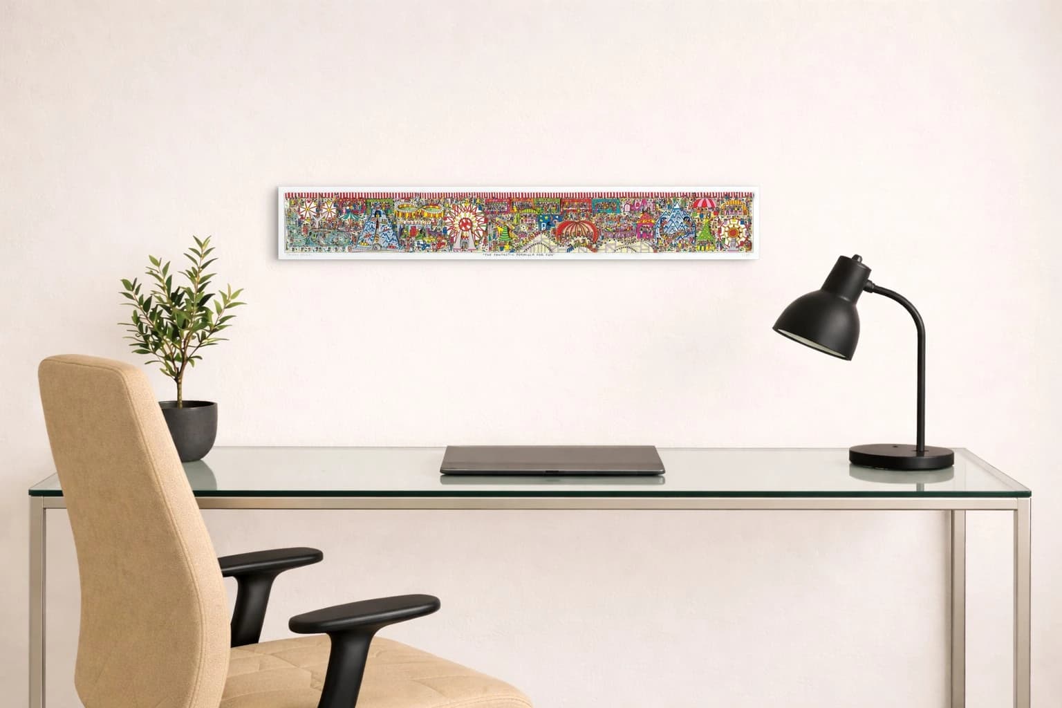 Buntes Wandbild mit vielen kleinen Figuren, Häusern und Symbolen auf hellem Grund, als Kunstwerk an der Wand eines Arbeitsraums.