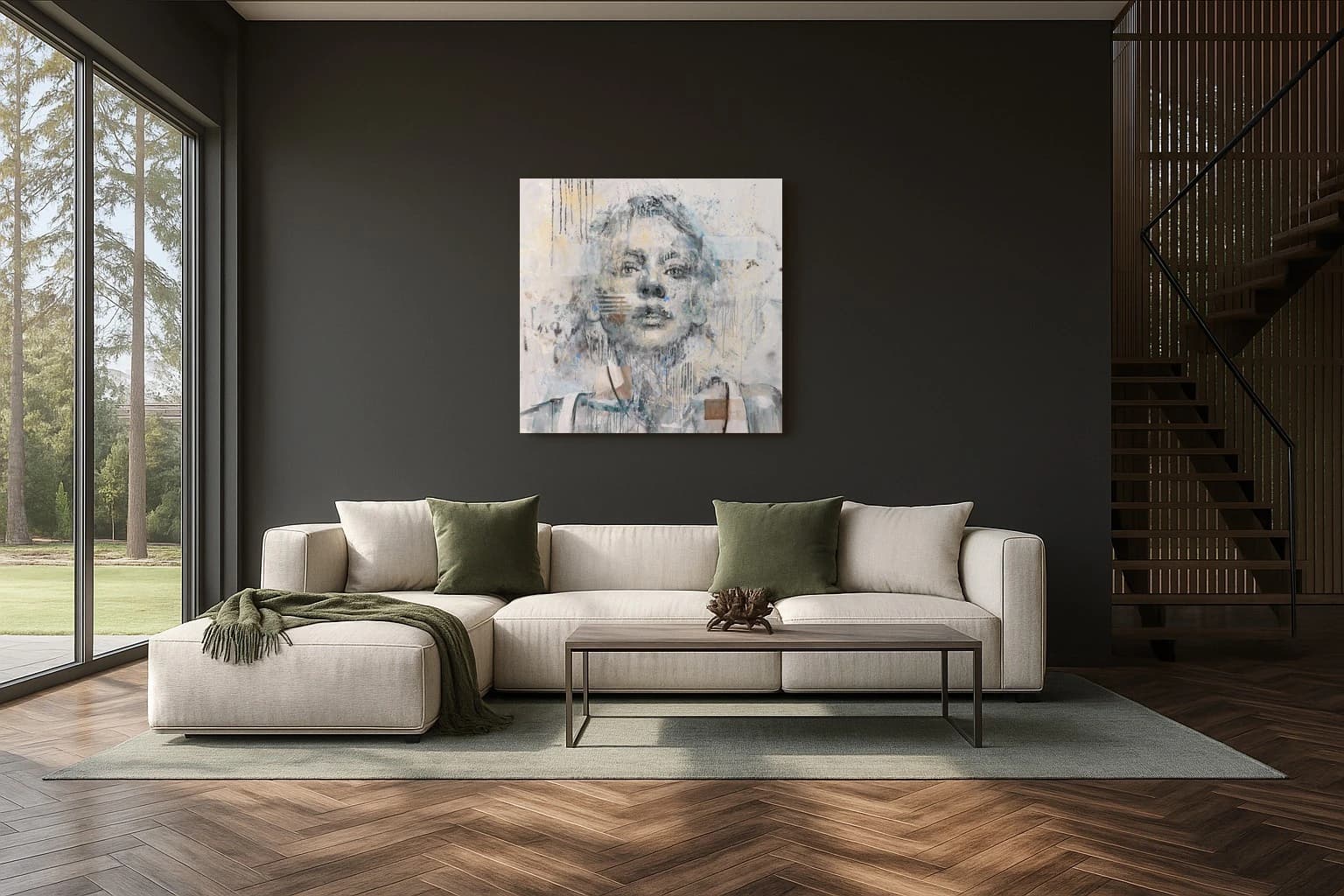 Porträt einer Frau mit grauem Gesicht und blauen Farbspritzern, als Kunstwerk an der Wand eines hellen Wohnzimmers.