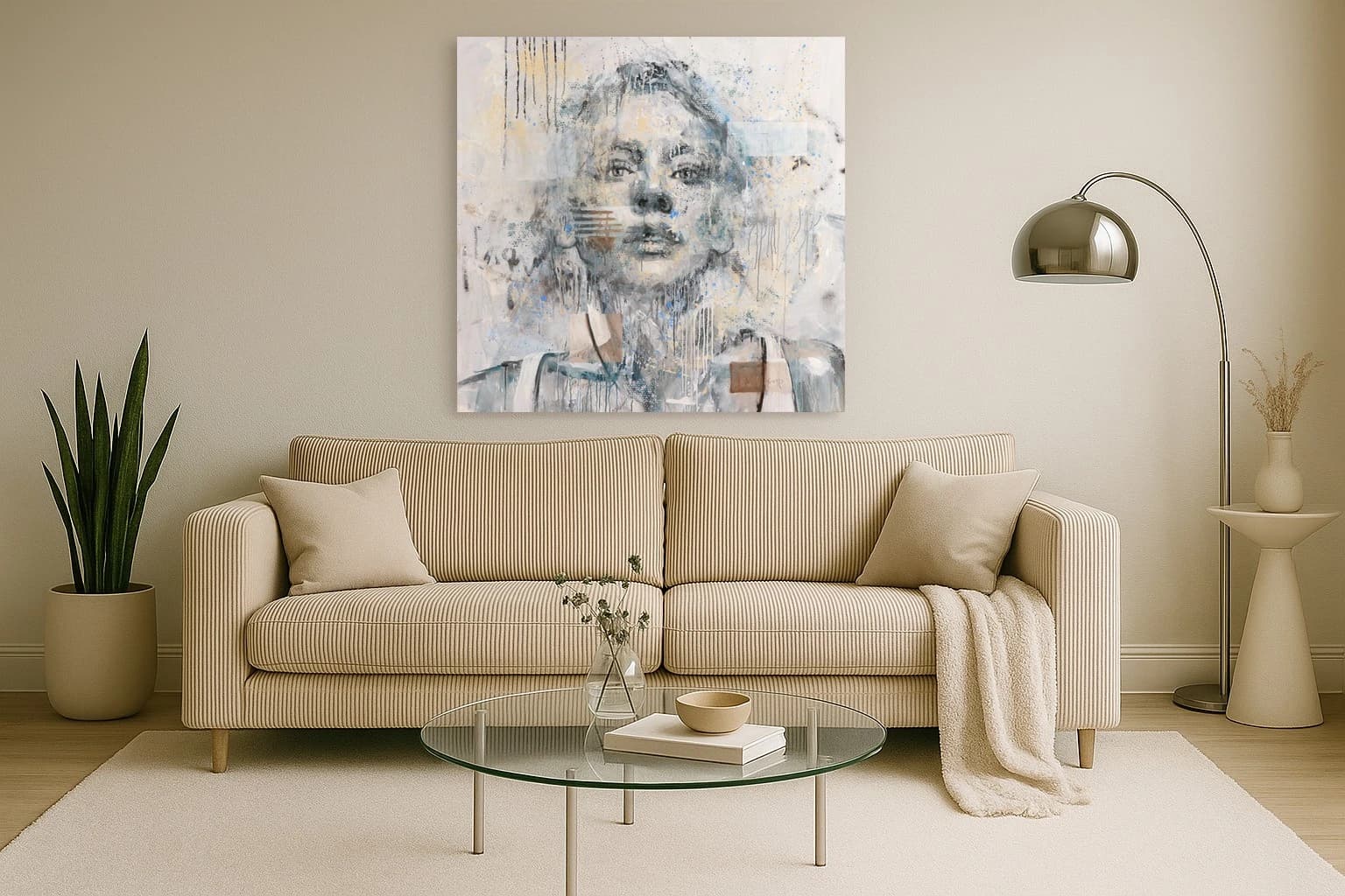 Porträt einer Frau mit grauem Gesicht und blauen Spritzern, als Kunstwerk an der Wand eines hellen Wohnzimmers.