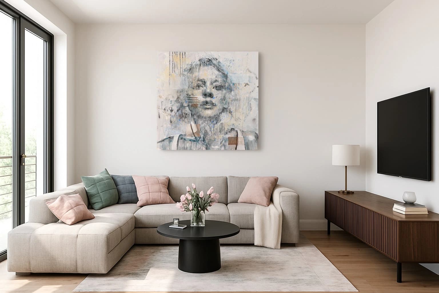 Porträt einer Frau mit grauem Gesicht vor hellem Hintergrund mit blauen Spritzern, als Kunstwerk an der Wand eines hellen Wohnzimmers.