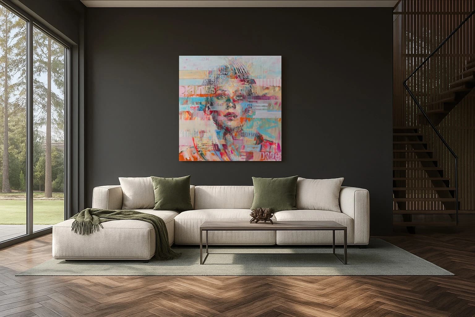 Porträt eines jungen Gesichts mit bunten Farbflächen, Linien und Schriftfragmenten auf hellem Hintergrund, als Kunstwerk an der Wand eines modernen Wohnzimmers.