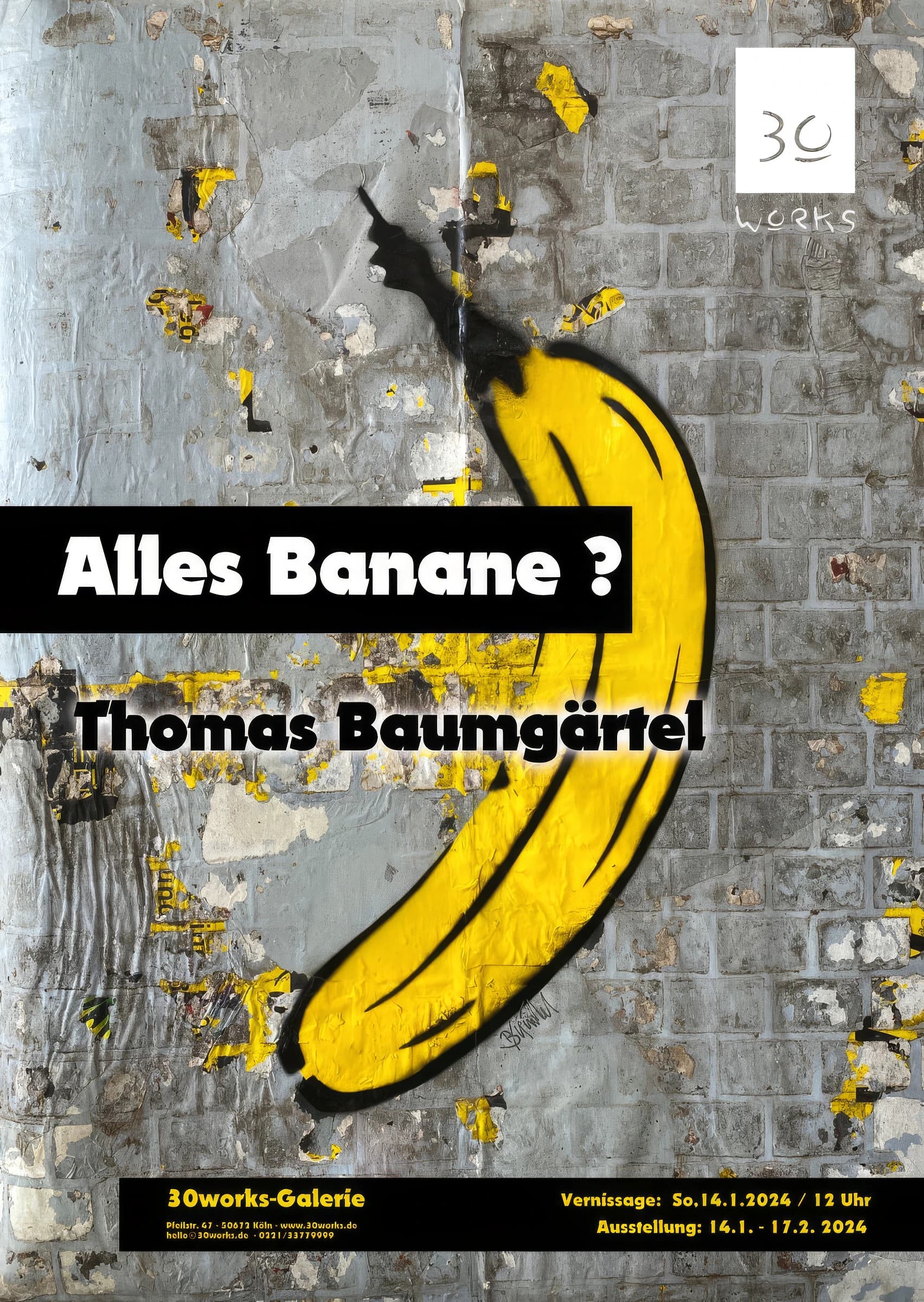 Gelbe Banane vor grauer Ziegelwand mit den Worten Alles Banane? und Thomas Baumgärtel.