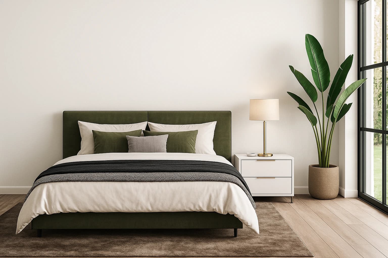 Ein grünes Bett mit weißen und grünen Kissen steht vor weißer Wand neben weißem Nachttisch mit Lampe und großer Pflanze.