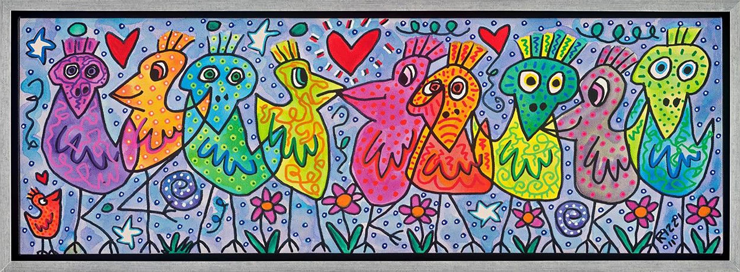 Bunte Vogelreihe mit großen Köpfen, Herzen und Blumen auf blauem Hintergrund im schwarzen Rahmen.
