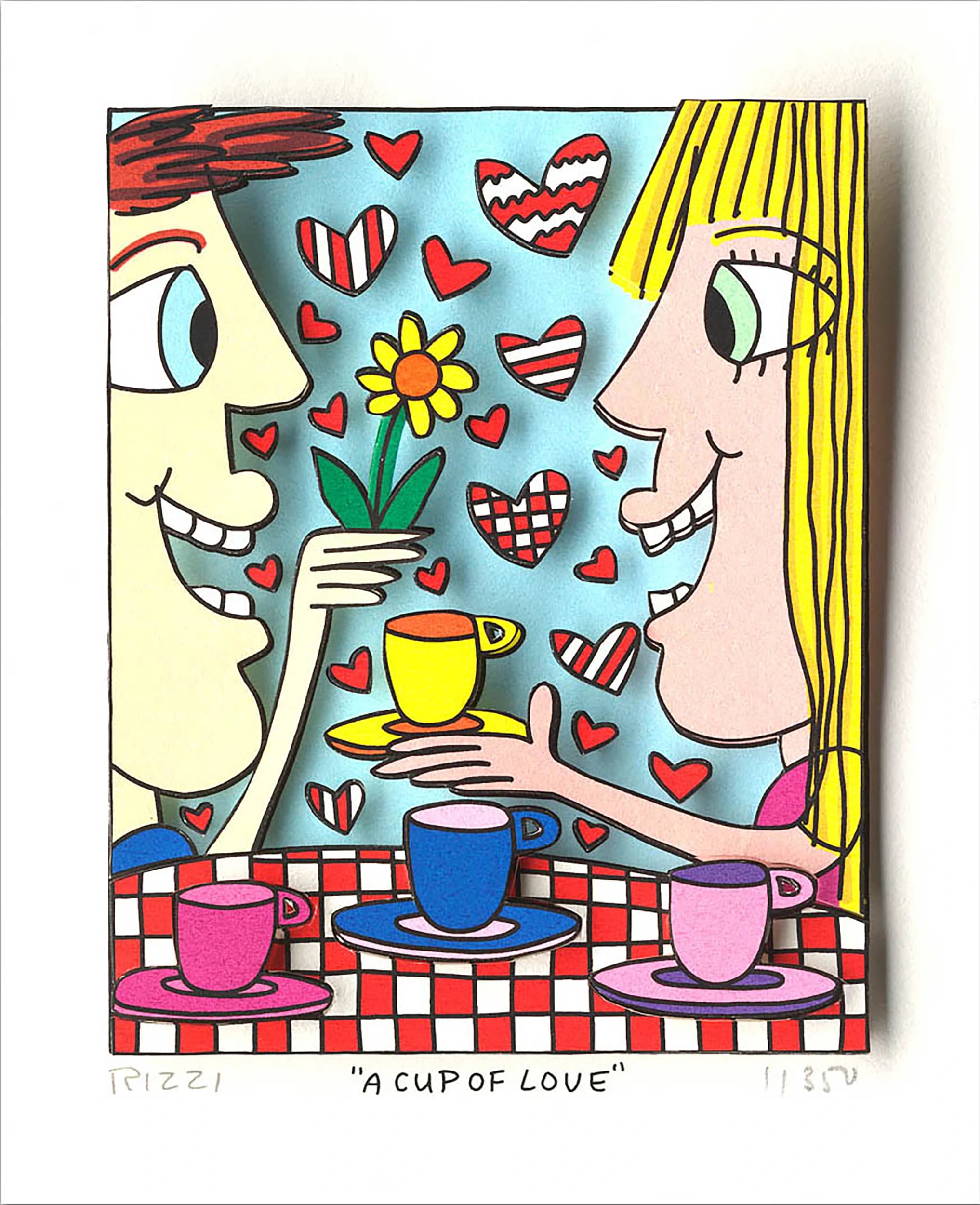 Zwei Gesichter sitzen am Tisch mit Kaffeetassen, Herzen und einer Blume vor blauem Hintergrund.