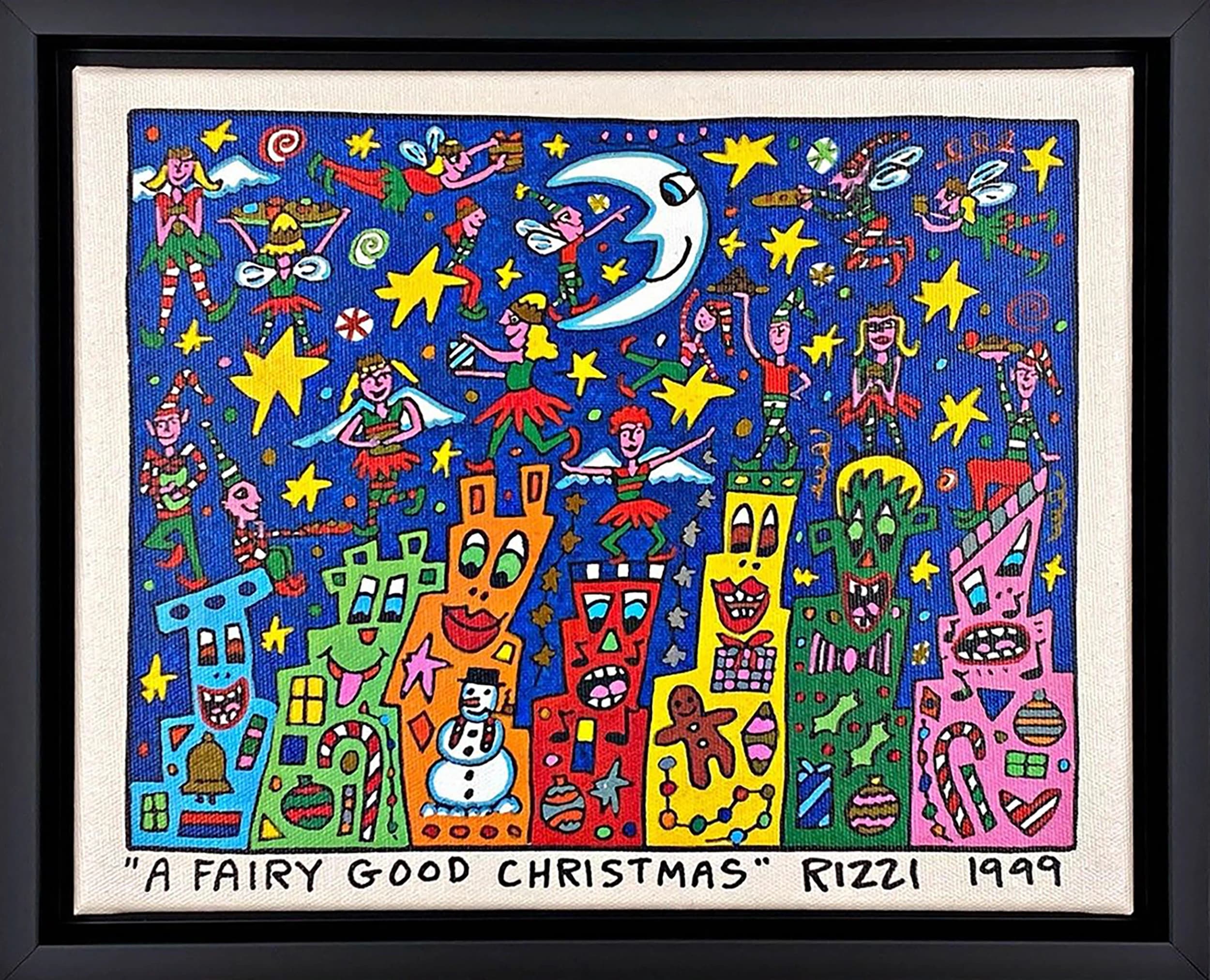 Gerahmte bunte Weihnachtskunst mit Elfen, Sternen und Häusern, unten mit Schriftzug „A FAIRY GOOD CHRISTMAS“ 1999.