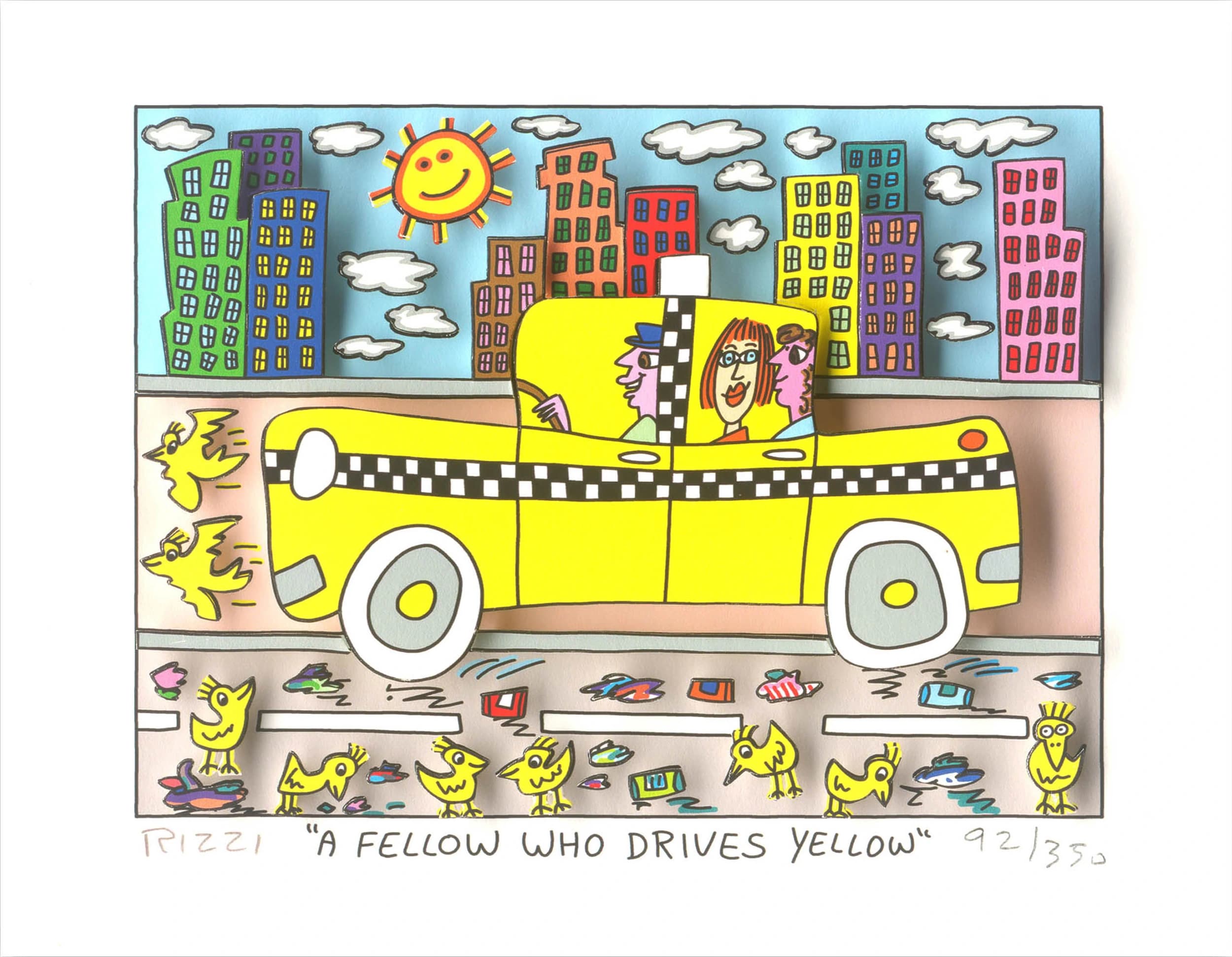 Gelbes Taxi mit drei Personen vor bunten Hochhäusern, Himmel und kleinen gelben Vögeln auf der Straße.