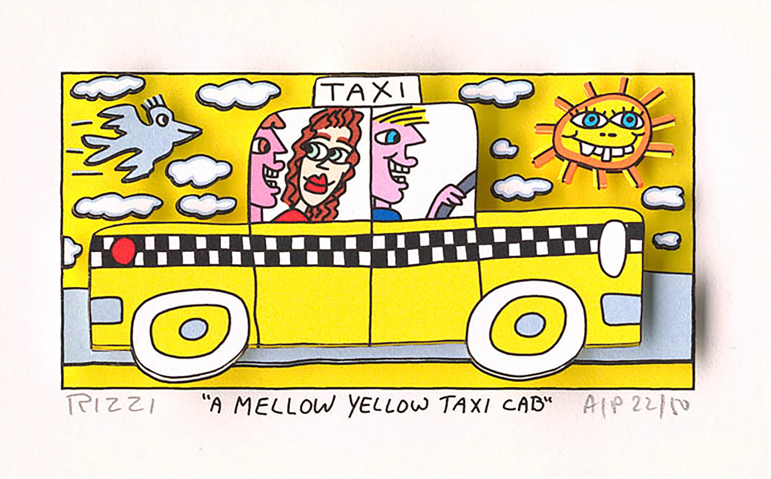 Gelbes Taxi mit drei Personen, Wolken, Vogel und Sonne vor gelbem Himmel.